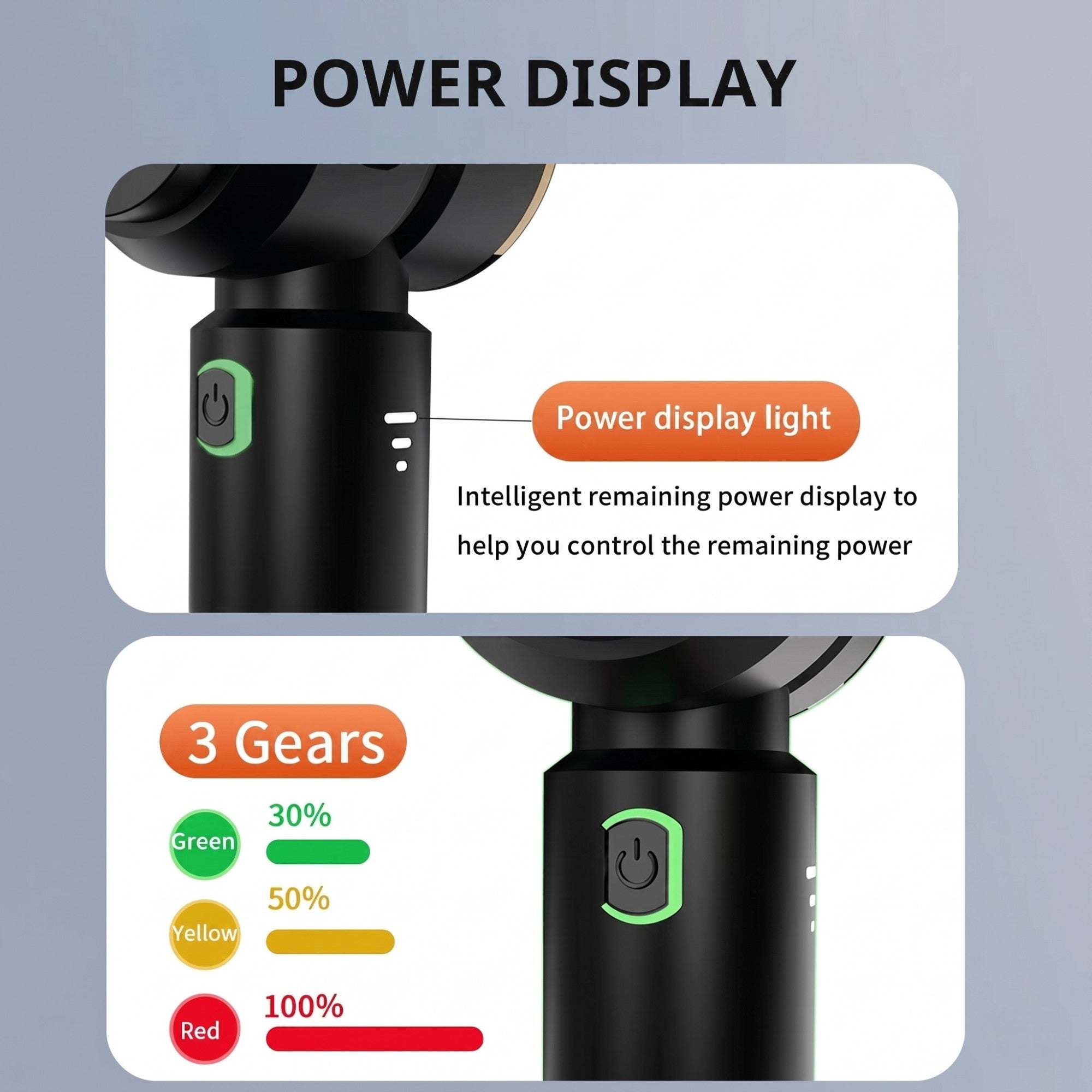 Close up of the intelligent LED power display on the car vacuum handle, illustrating the three gear speeds and remaining battery level indicator.