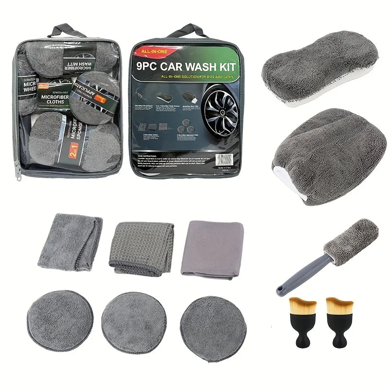 Flat lay arrangement showing all eleven components of the car detailing set alongside the retail packaging and clear storage bag.