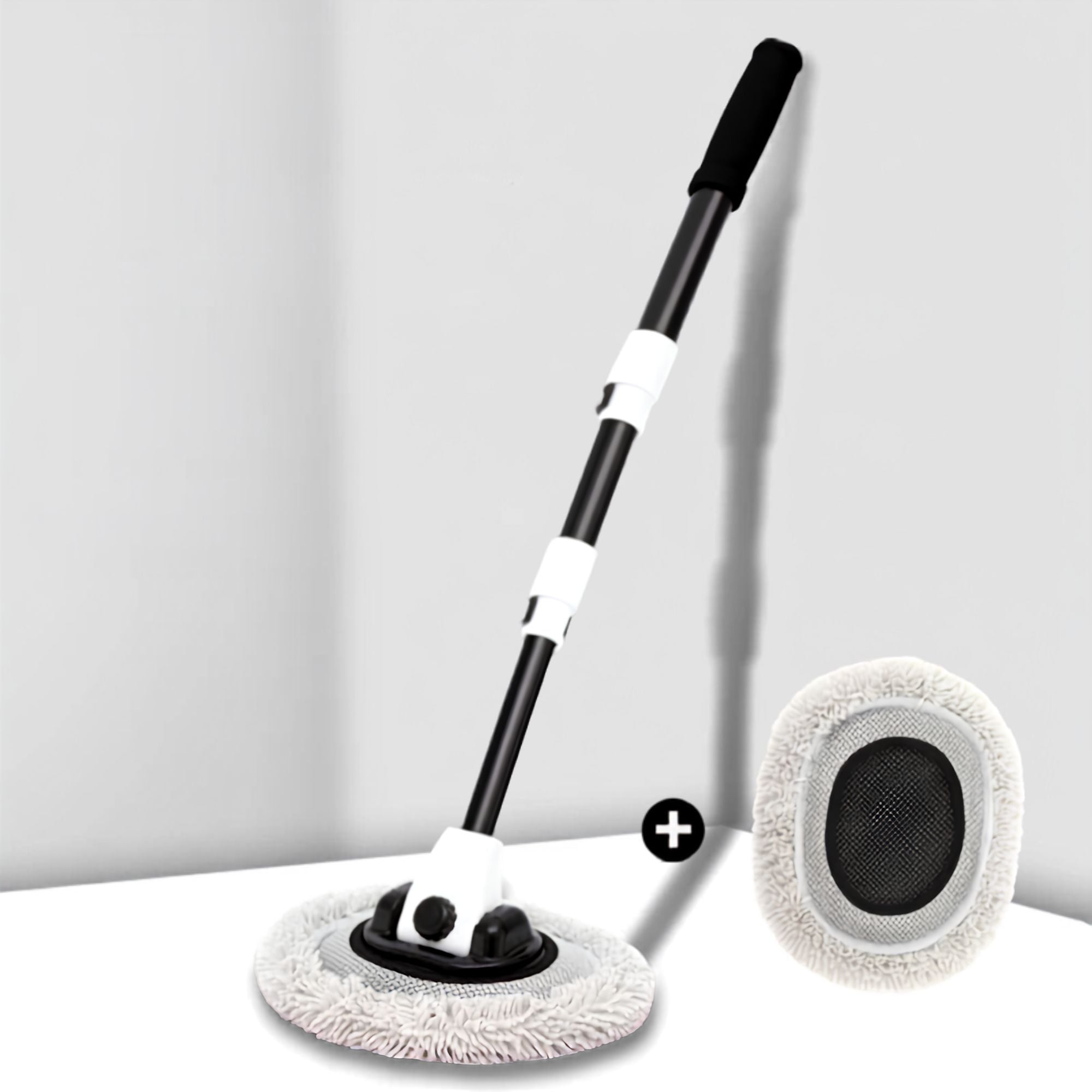 Heavy-Duty Telescopic Car Wash Mop with detachable rotating chenille brush head on a grey studio background