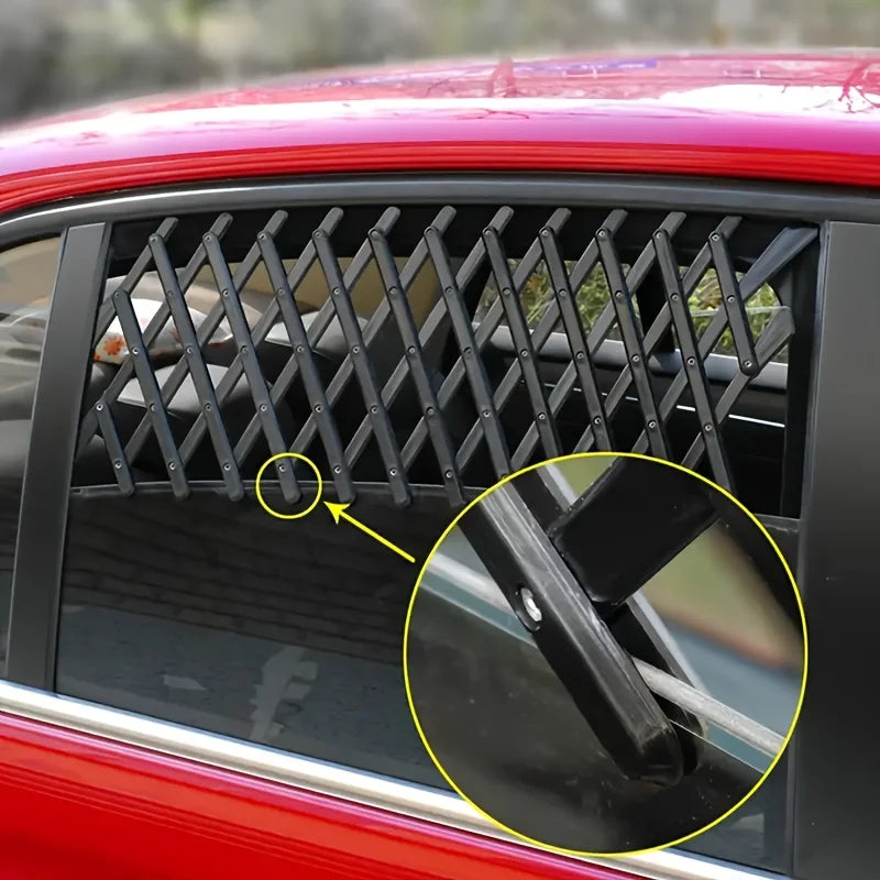 A close-up showing the bottom groove of the retractable pet barrier slotting securely onto the top edge of a vehicle's window glass.