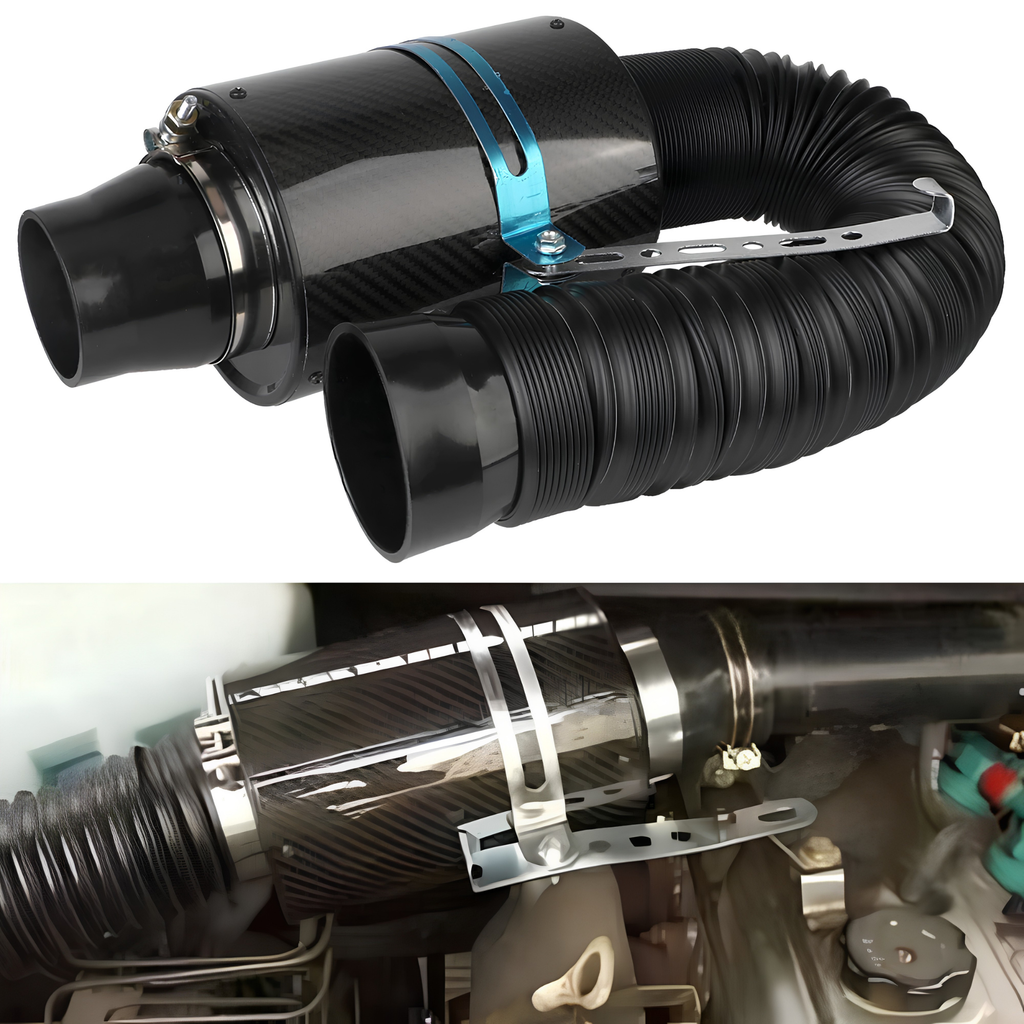 Carbon Fibre Cold Air Intake with dual ducting hoses and the filter installed in a vehicle engine bay