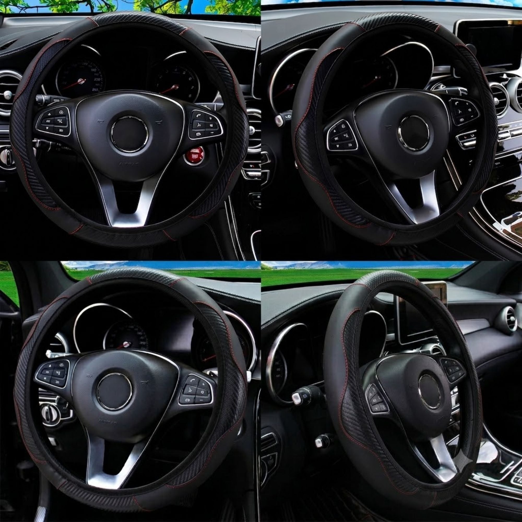 Four close-up angles of a black PU leather steering wheel cover with red stitching fitted to different car interiors