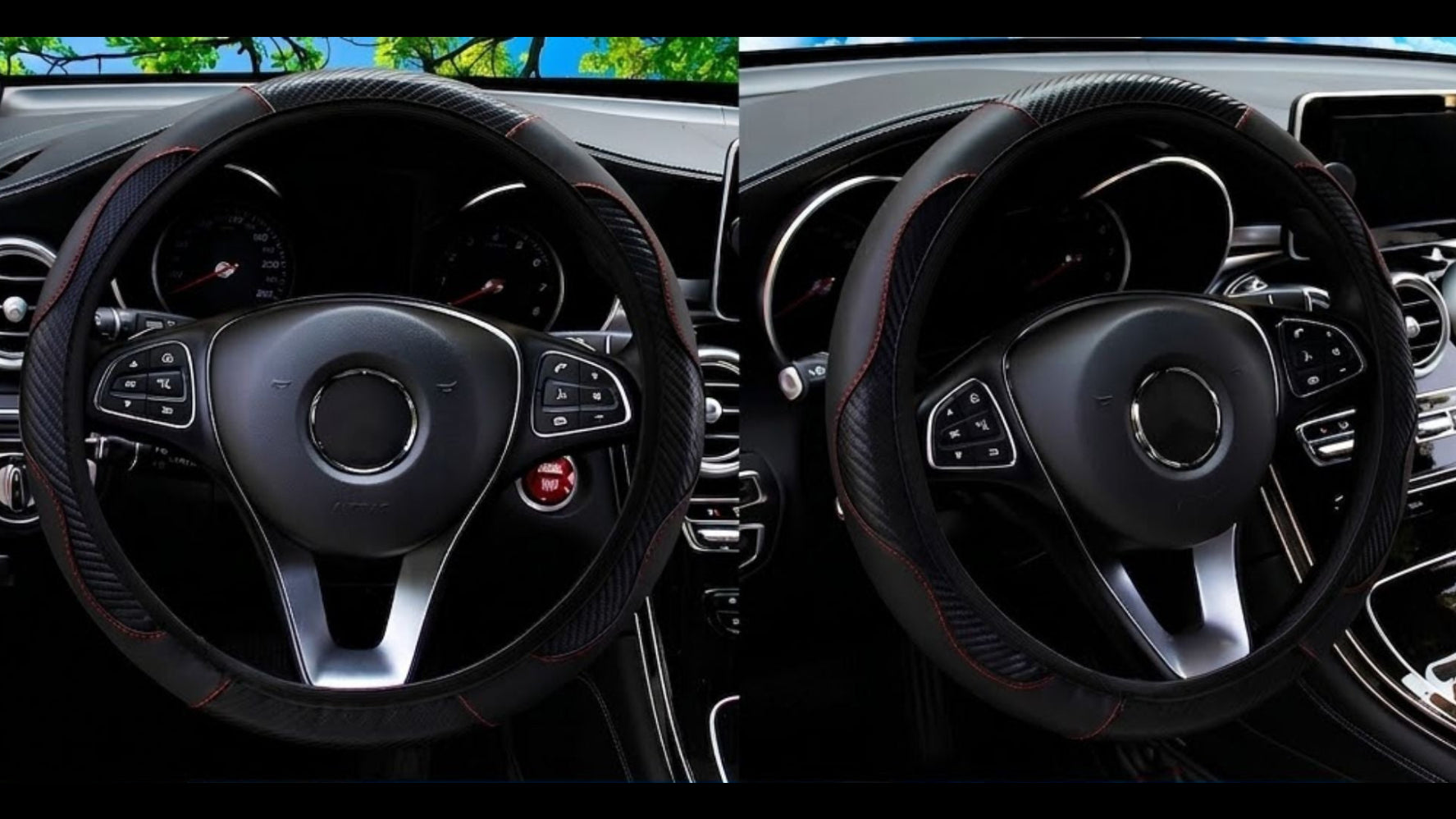 A four-panel collage showing a black steering wheel cover fitted onto a car steering wheel from multiple angles. The cover has a textured, carbon-fiber-like pattern and red stitching accents.
