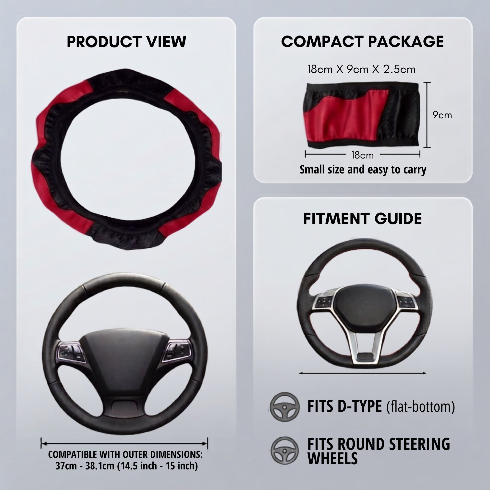 PU leather steering wheel cover product view, compact package dimensions and fitment guide for D-type and round steering wheels