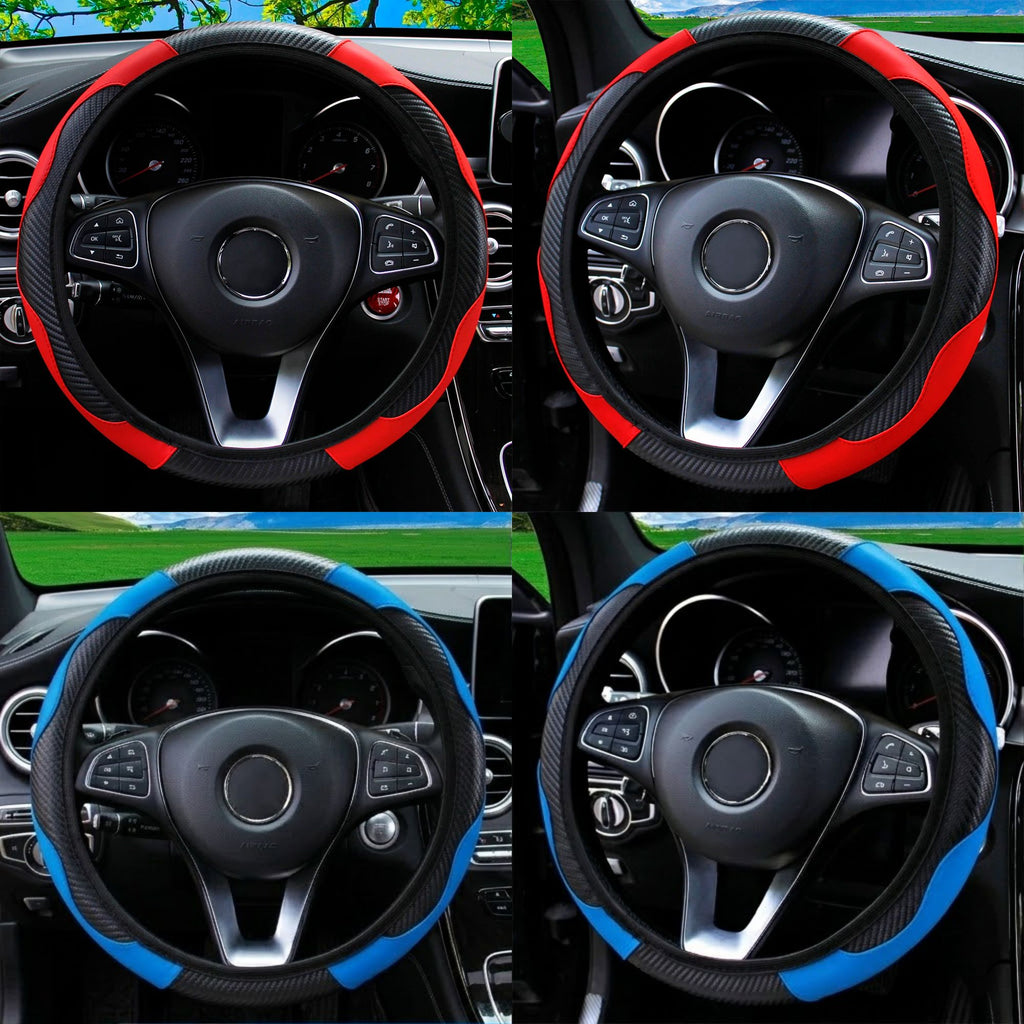Four close-up photos of red and blue PU leather steering wheel covers fitted to car steering wheels with rural backdrops