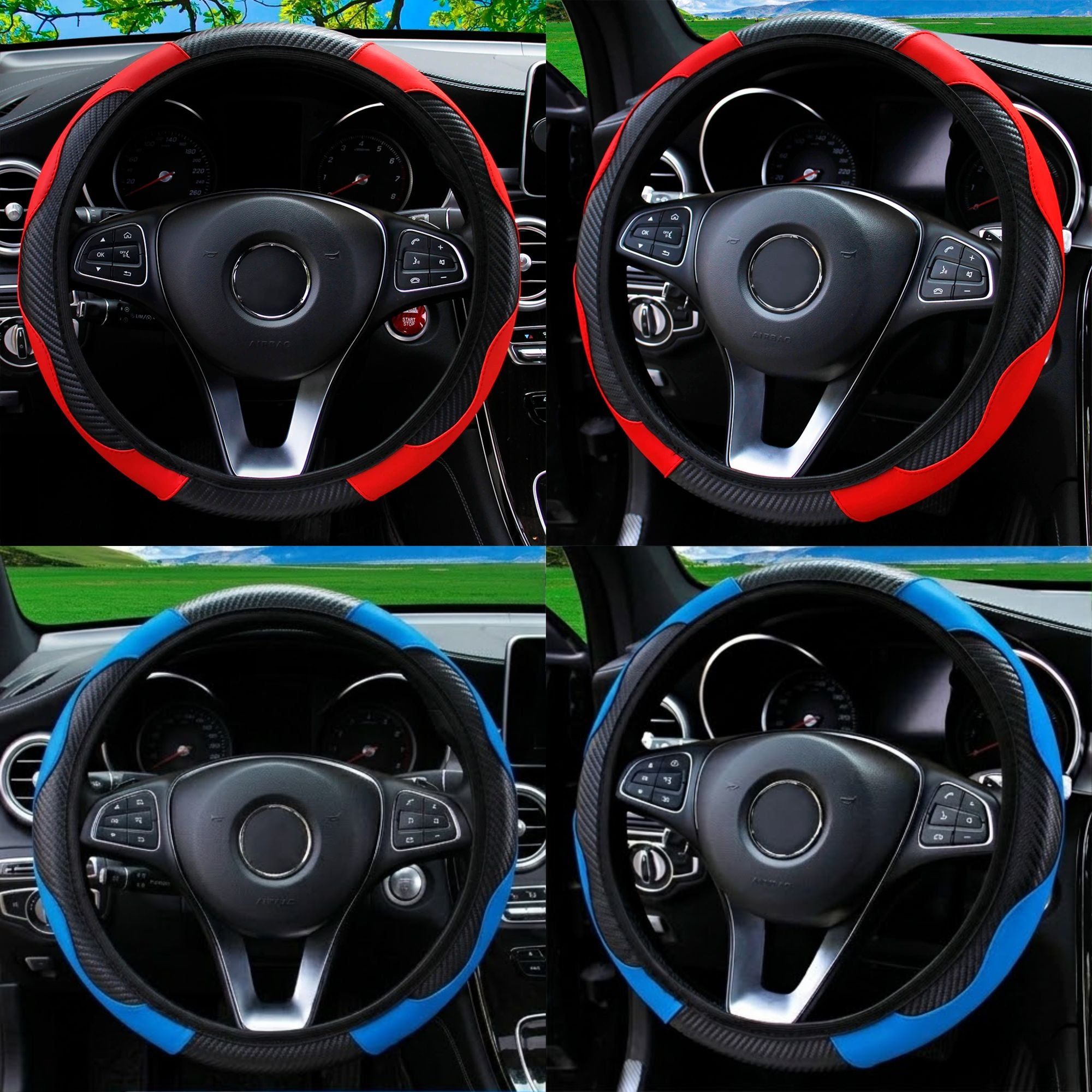 Four close-up photos of red and blue PU leather steering wheel covers fitted to car steering wheels with rural backdrops