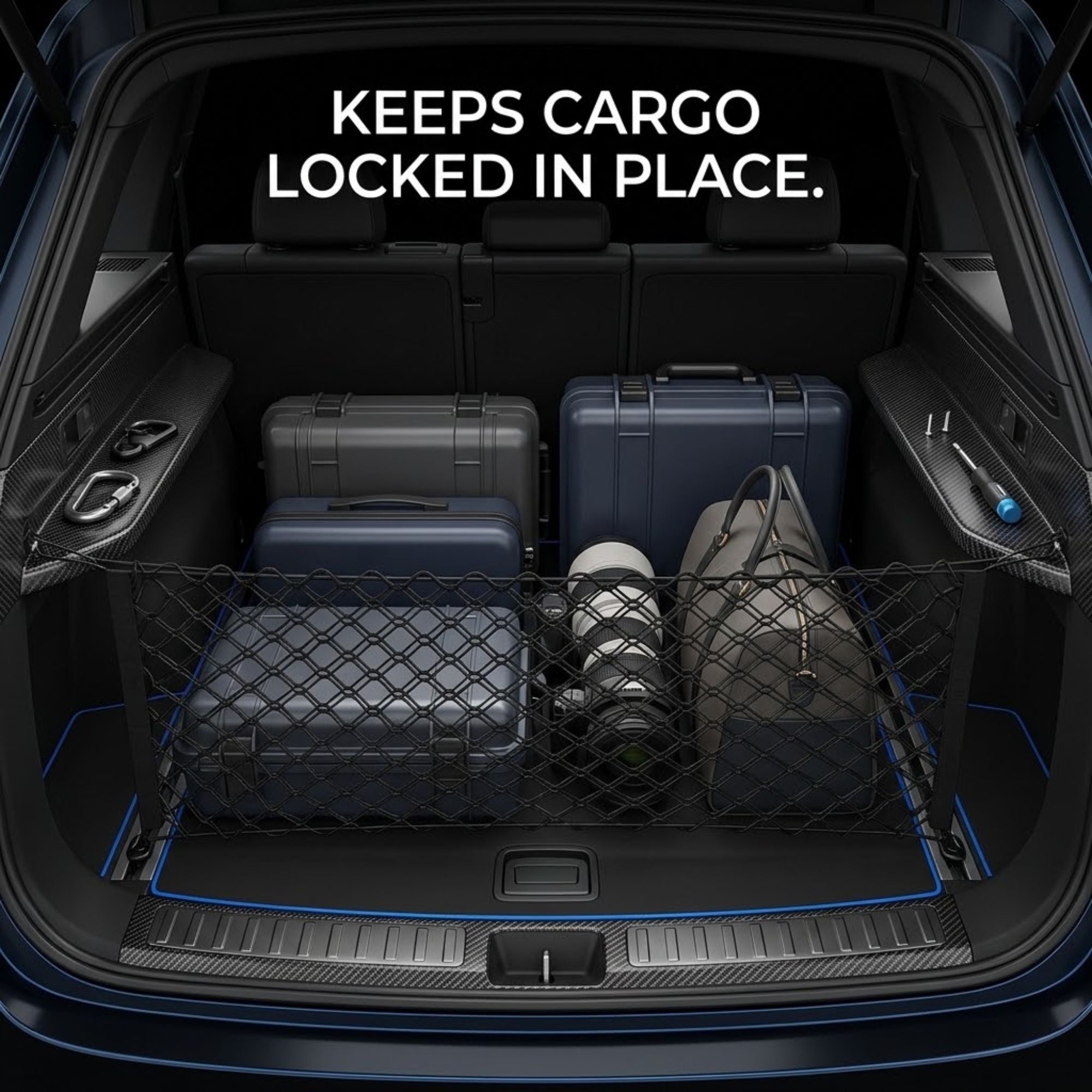 A black cargo net organizer installed in the open trunk of a vehicle, holding several hard cases and bags. White text at the top reads 'KEEPS CARGO LOCKED IN PLACE.