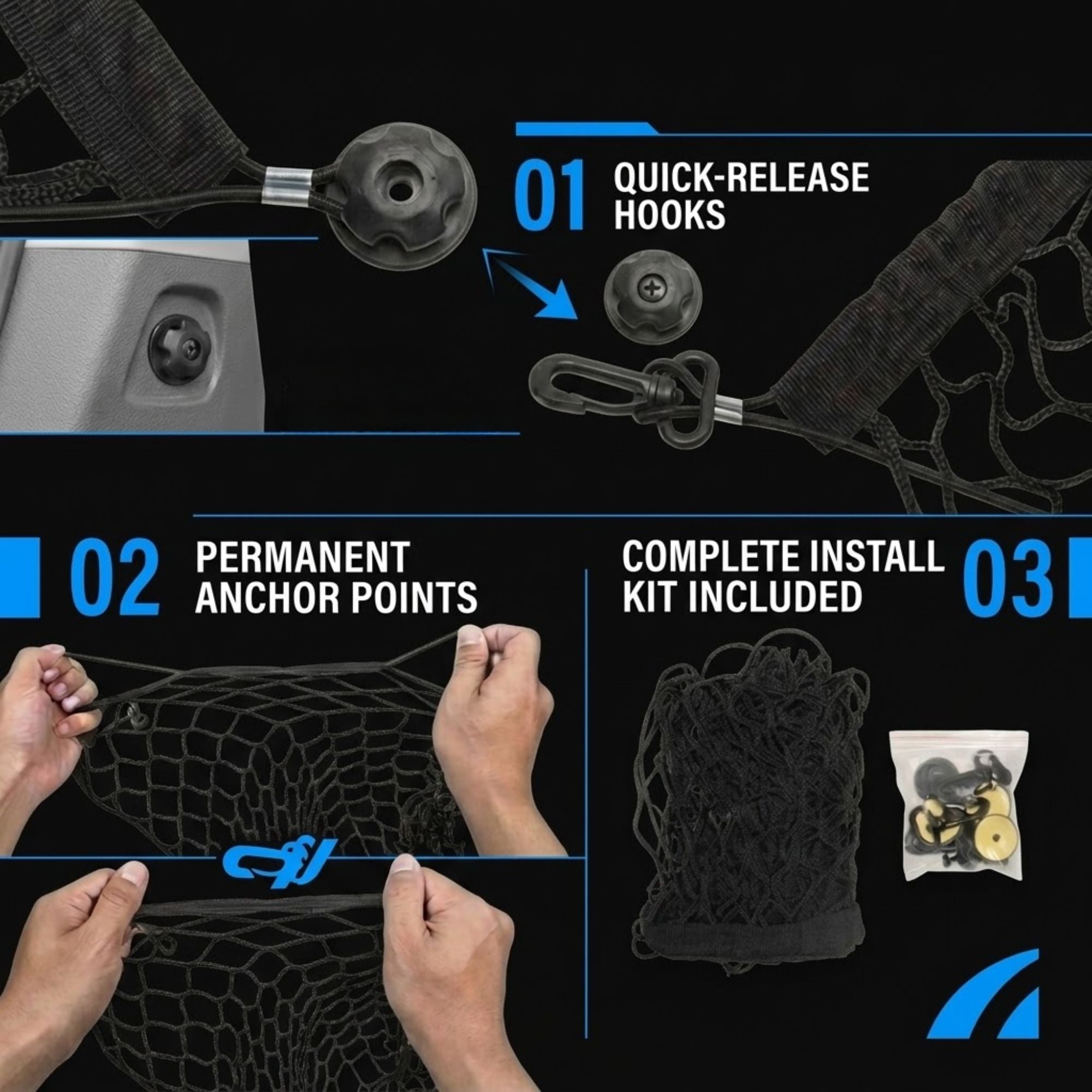 Installation guide graphic for a black fishing net, showing three numbered steps: quick-release hooks, permanent anchor points being demonstrated by hands, and the included installation kit on a black background.