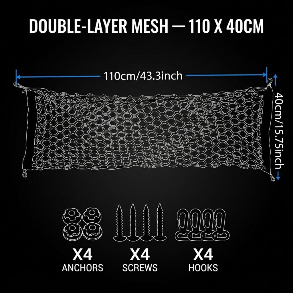 Double-layer mesh wall anchor net shown on a black background with dimension labels reading 110cm by 40cm and line drawings of four anchors, four screws, and four hooks below.
