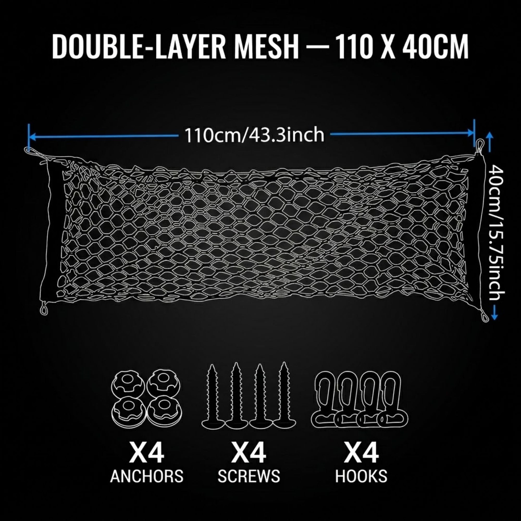Double-layer mesh wall anchor net shown on a black background with dimension labels reading 110cm by 40cm and line drawings of four anchors, four screws, and four hooks below.