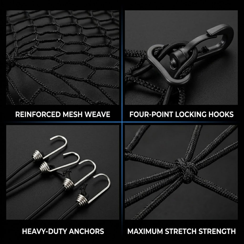Four-panel product detail collage showing a black hanging net: reinforced mesh weave, four-point locking hooks, heavy-duty anchors, and maximum stretch strength, with text labels on a dark background.
