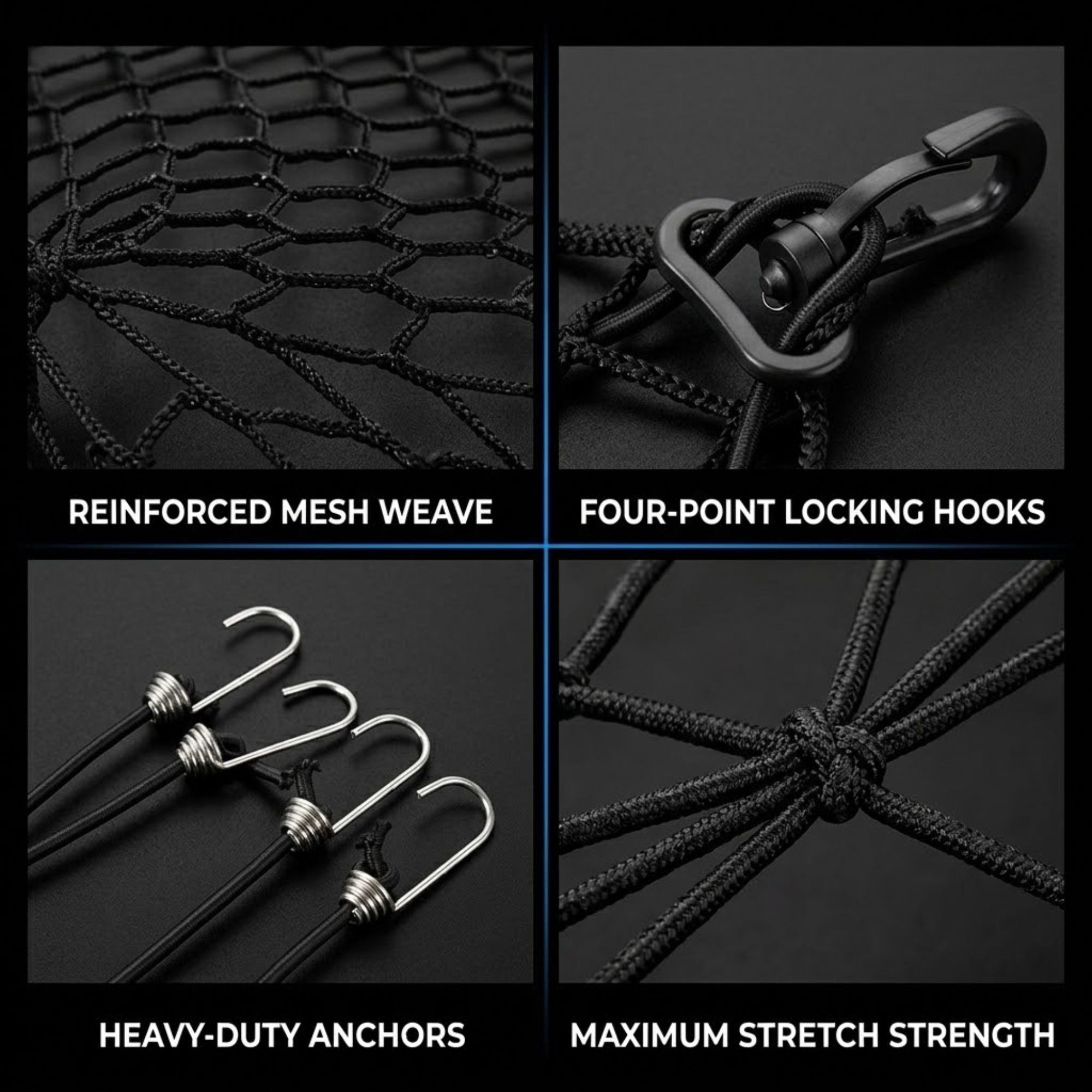 Four-panel product detail collage showing a black hanging net: reinforced mesh weave, four-point locking hooks, heavy-duty anchors, and maximum stretch strength, with text labels on a dark background.