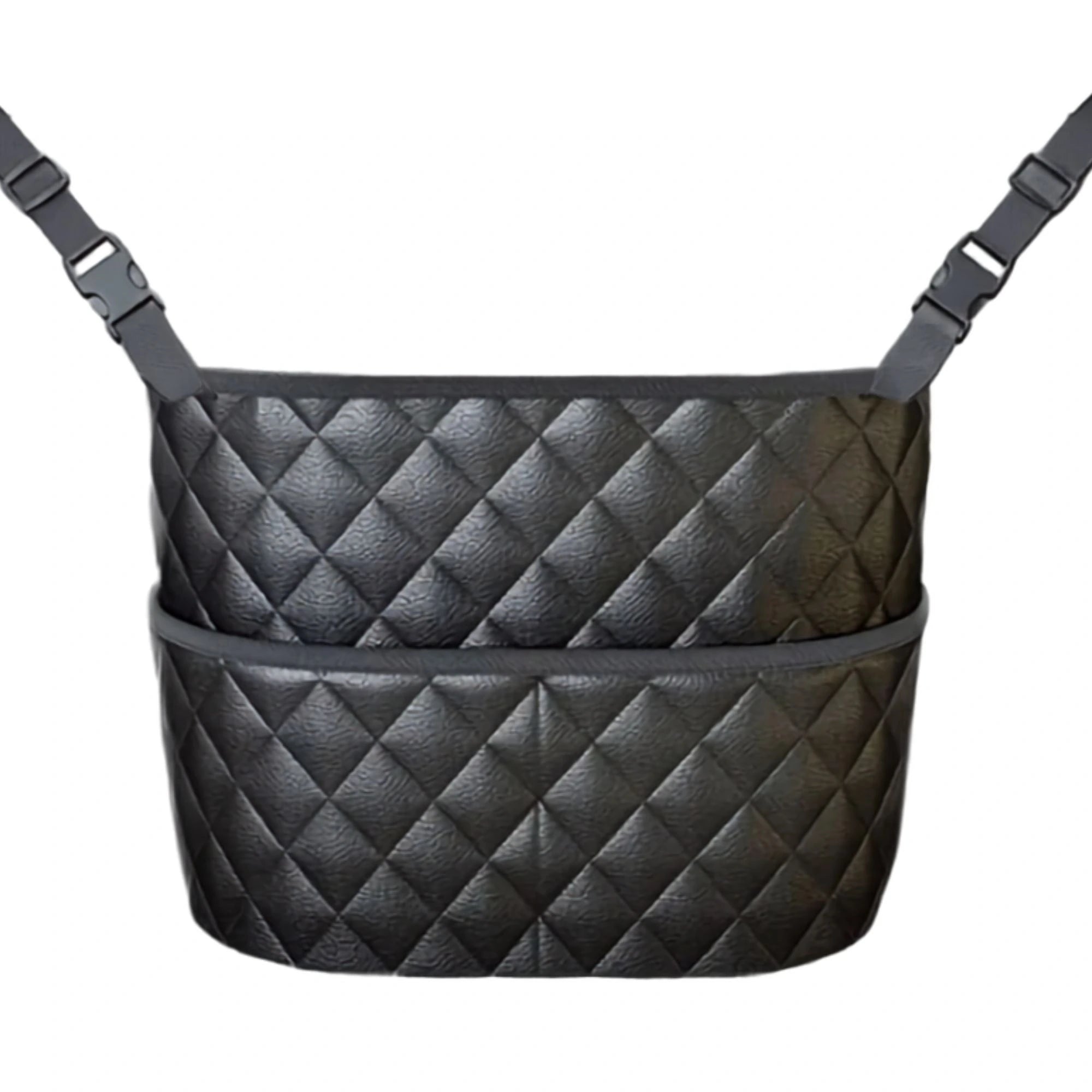 Black quilted PU leather car seat gap storage organiser hanging between two front headrests on a white background