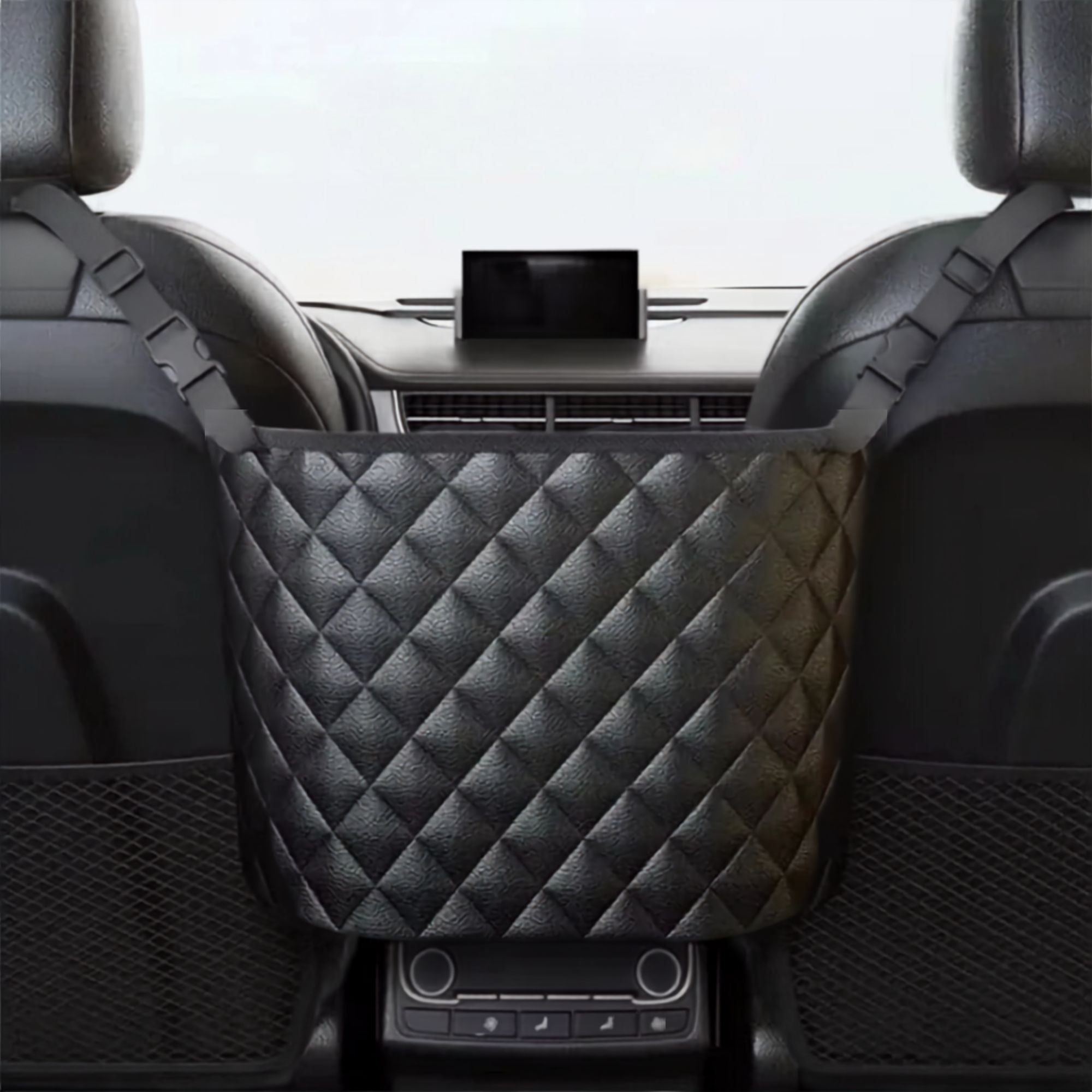 Black quilted PU leather console storage bag hanging empty between front car seats