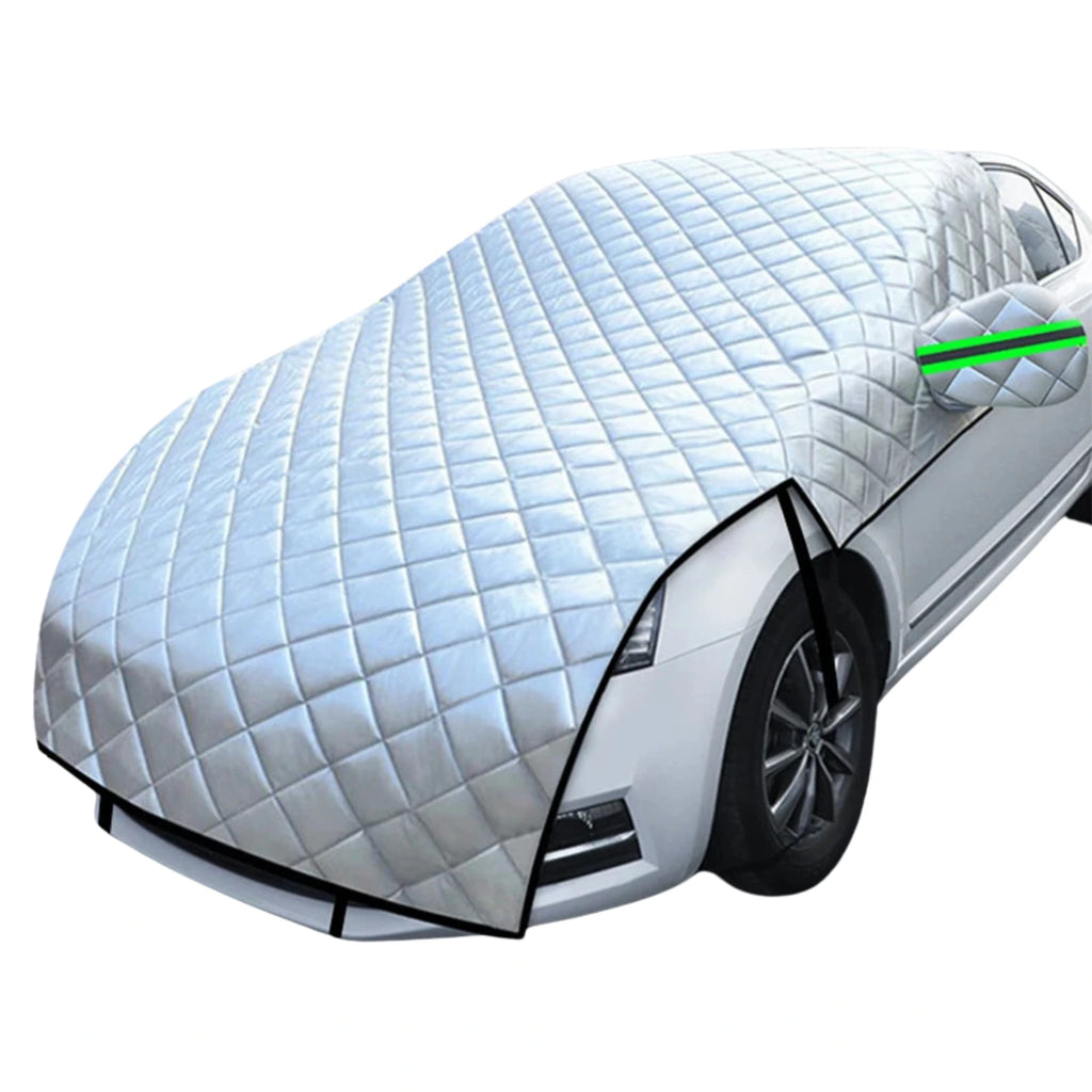 Quilted Half Car Cover in silver fitted over a car roof, windscreen and bonnet with mirror covers and reflective strips