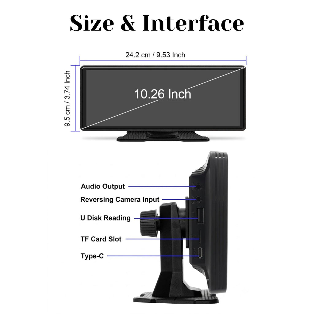 10.26 Inch Wireless CarPlay Android Auto Monitor size and interface diagram showing audio output, reversing camera input, USB, TF card and Type-C ports
