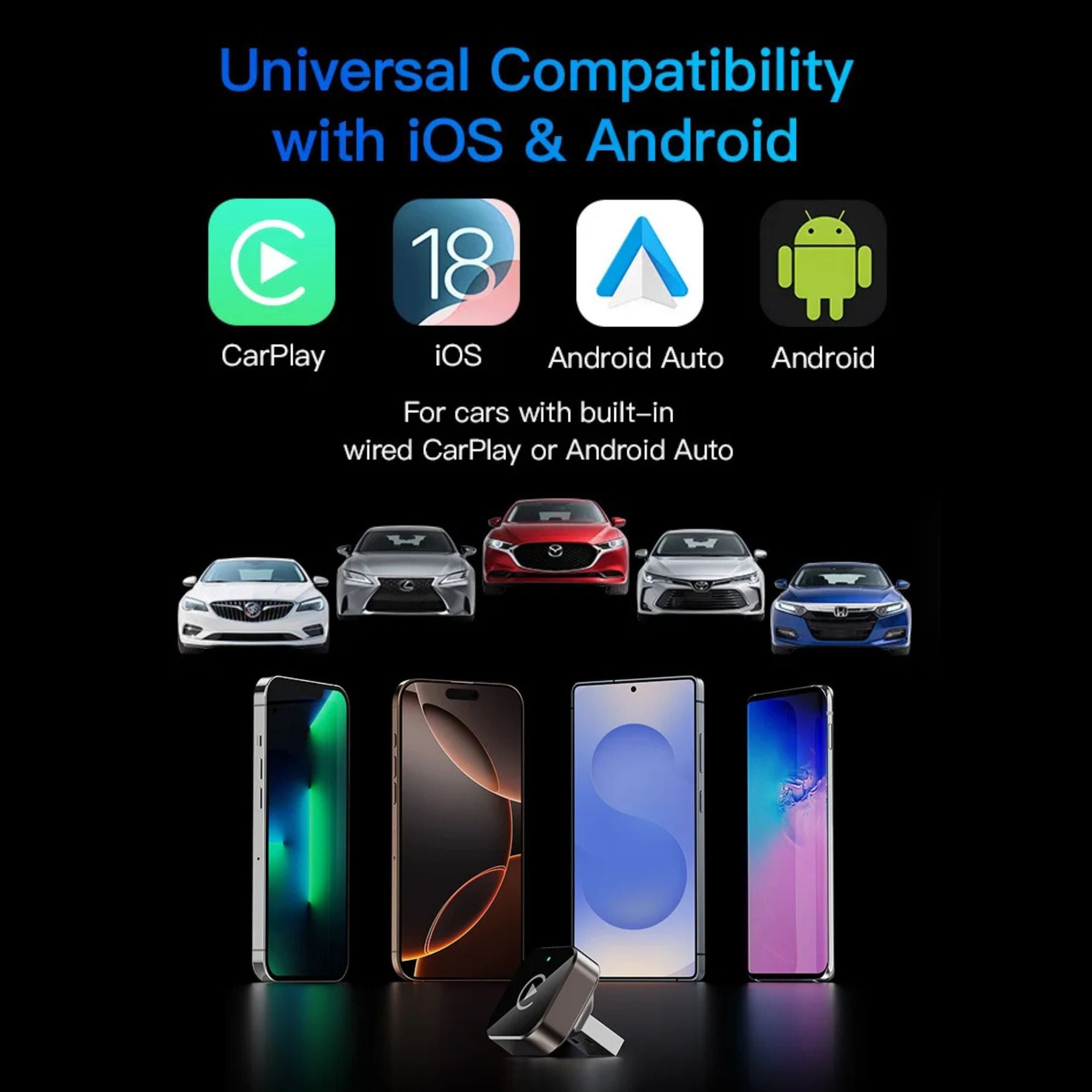 Wireless CarPlay adapter shown with compatible iPhone and Android smartphones, supporting CarPlay, iOS, Android Auto and built-in wired car systems.