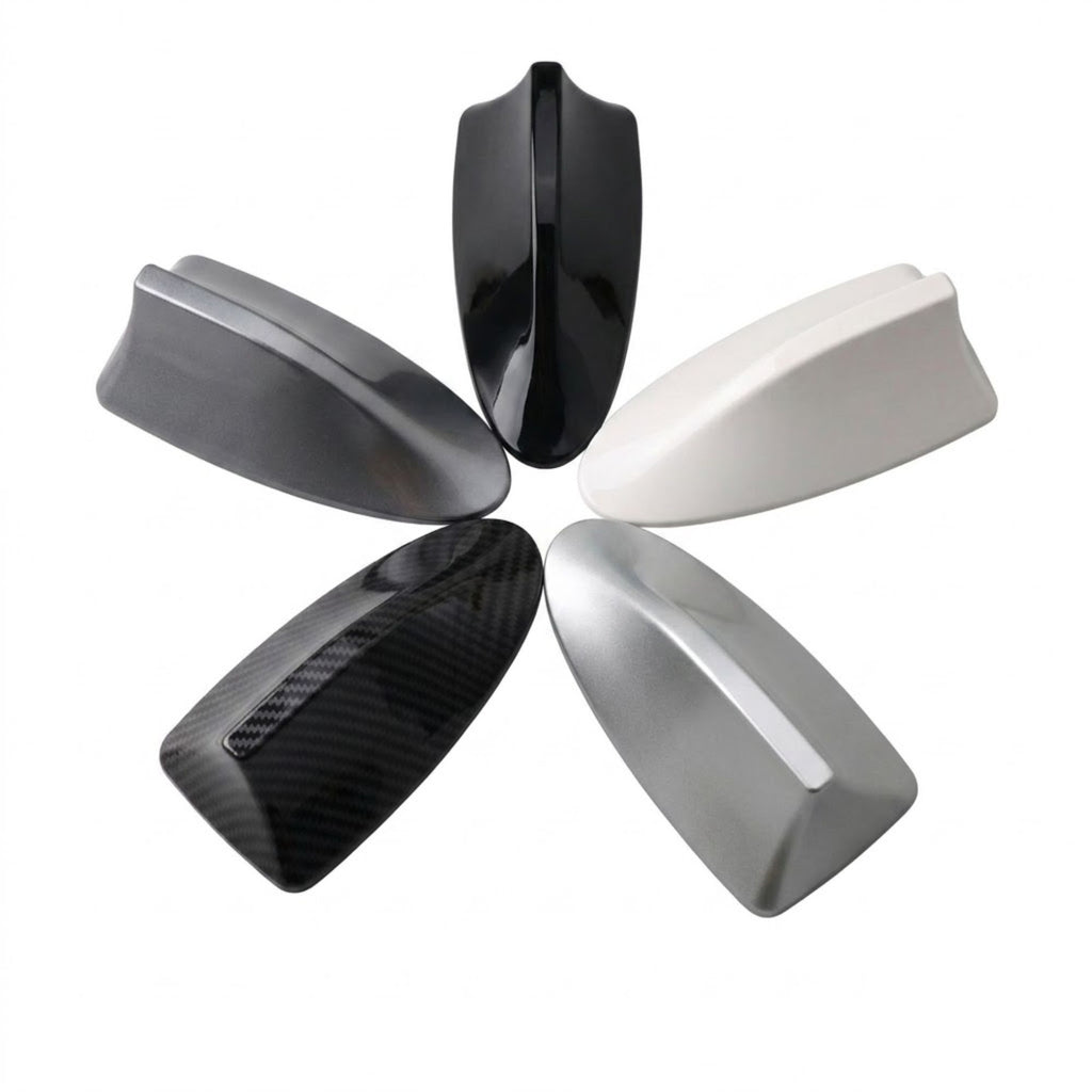 Five colour options of Shark Fin Antenna Cover arranged in a circle on white background