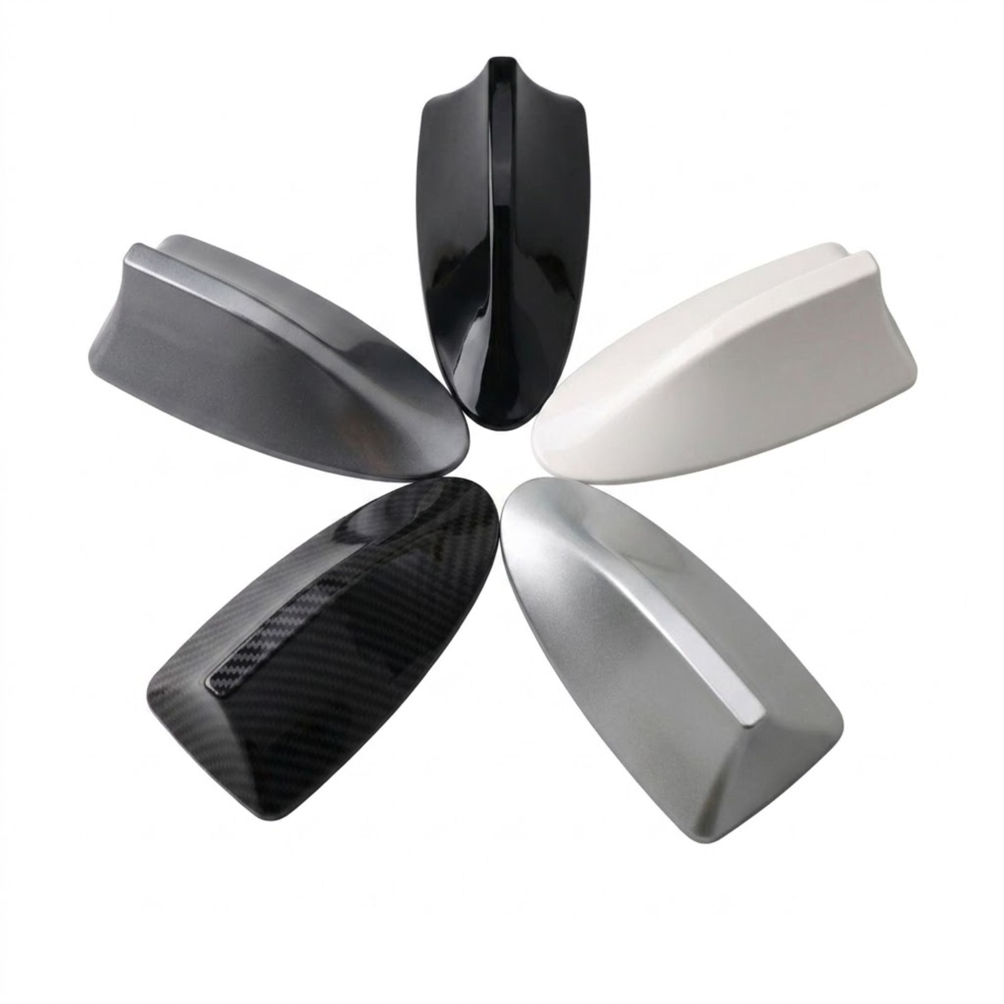 Five colour options of Shark Fin Antenna Cover arranged in a circle on white background