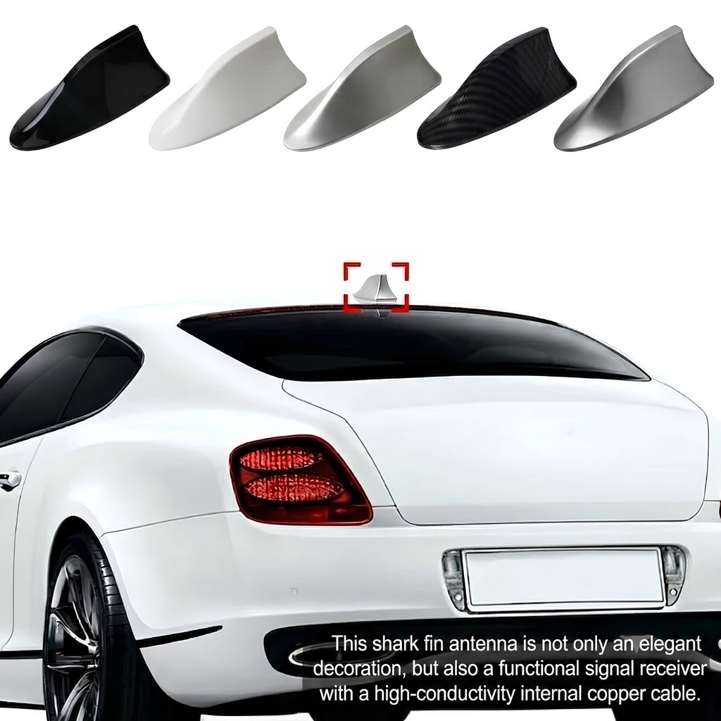 Shark Fin Antenna Cover colour range mounted on luxury car roof with signal receiver detail