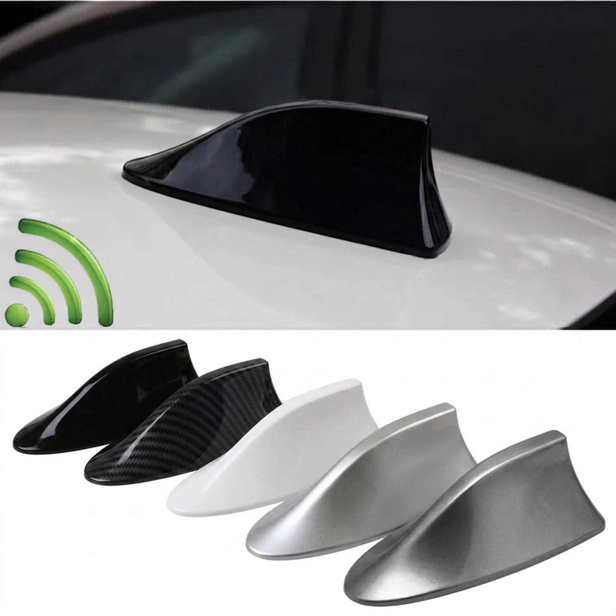 Black Shark Fin Antenna Cover mounted on white car roof with colour options displayed