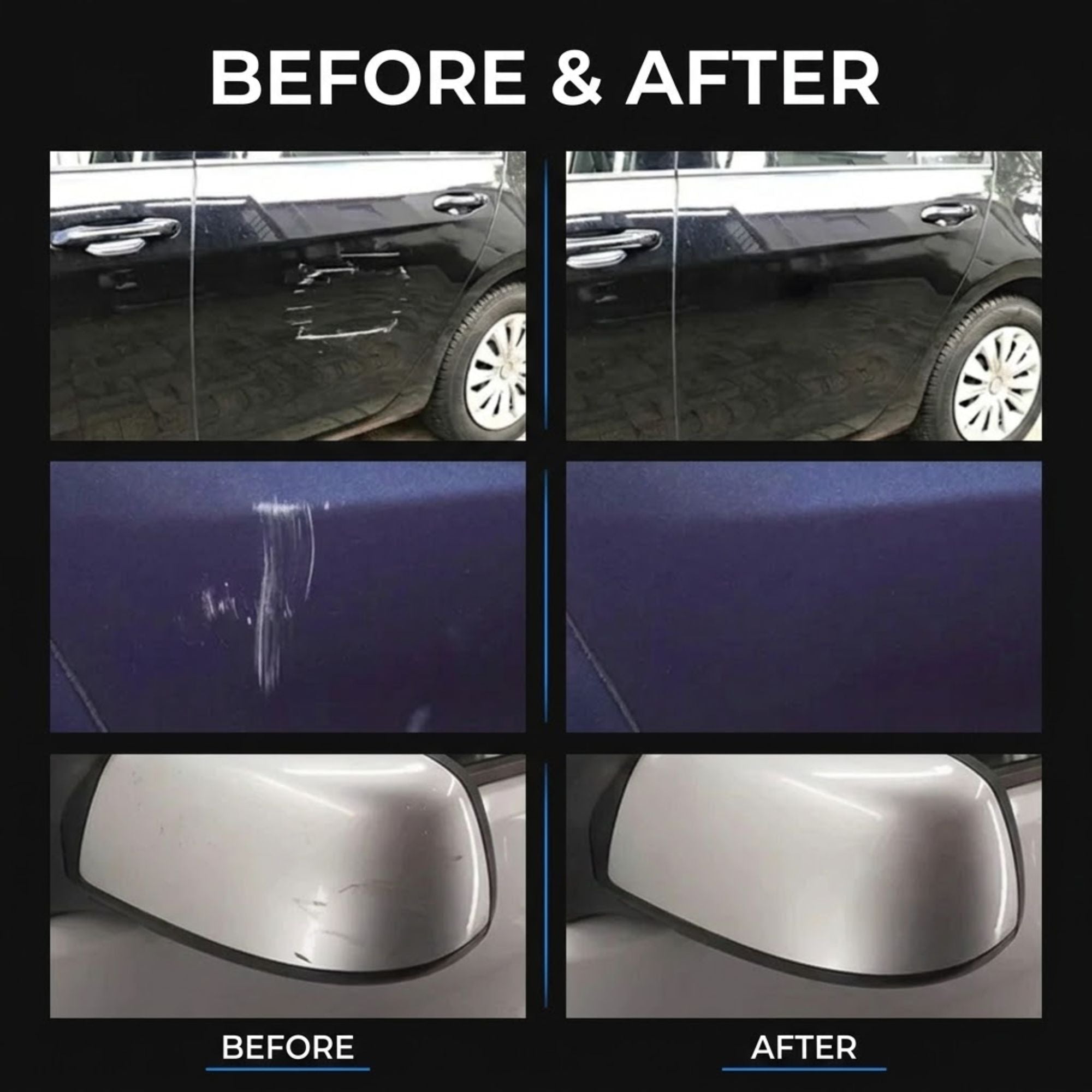 A before-and-after comparison collage showing a black car door, a blue panel with scratches, and a silver side mirror, with the text 'BEFORE & AFTER' at the top and 'BEFORE' / 'AFTER' labels at the bottom.