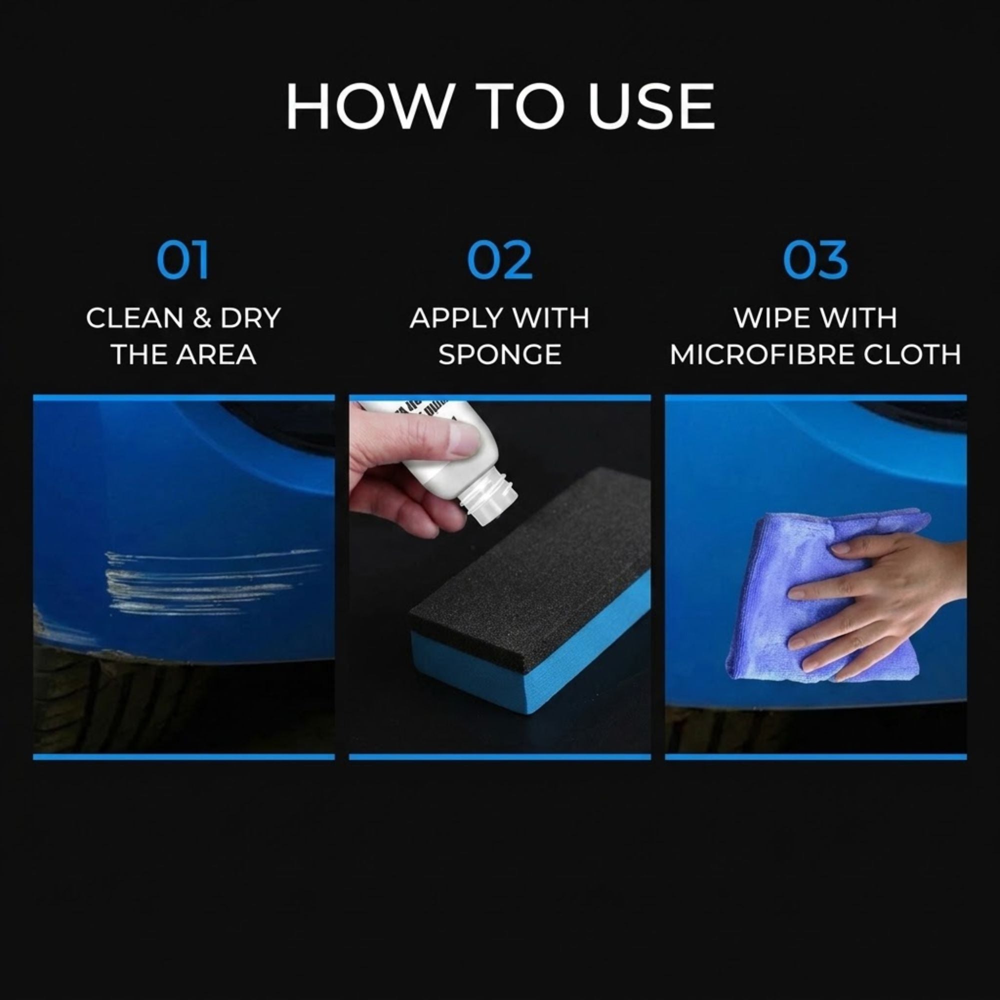 Instructional graphic titled 'HOW TO USE' showing three steps for applying a blue paint or coating product: 01 Clean & Dry the area, 02 Apply with Sponge using a sponge and bottle, and 03 Wipe with Microfibre Cloth on a blue surface.