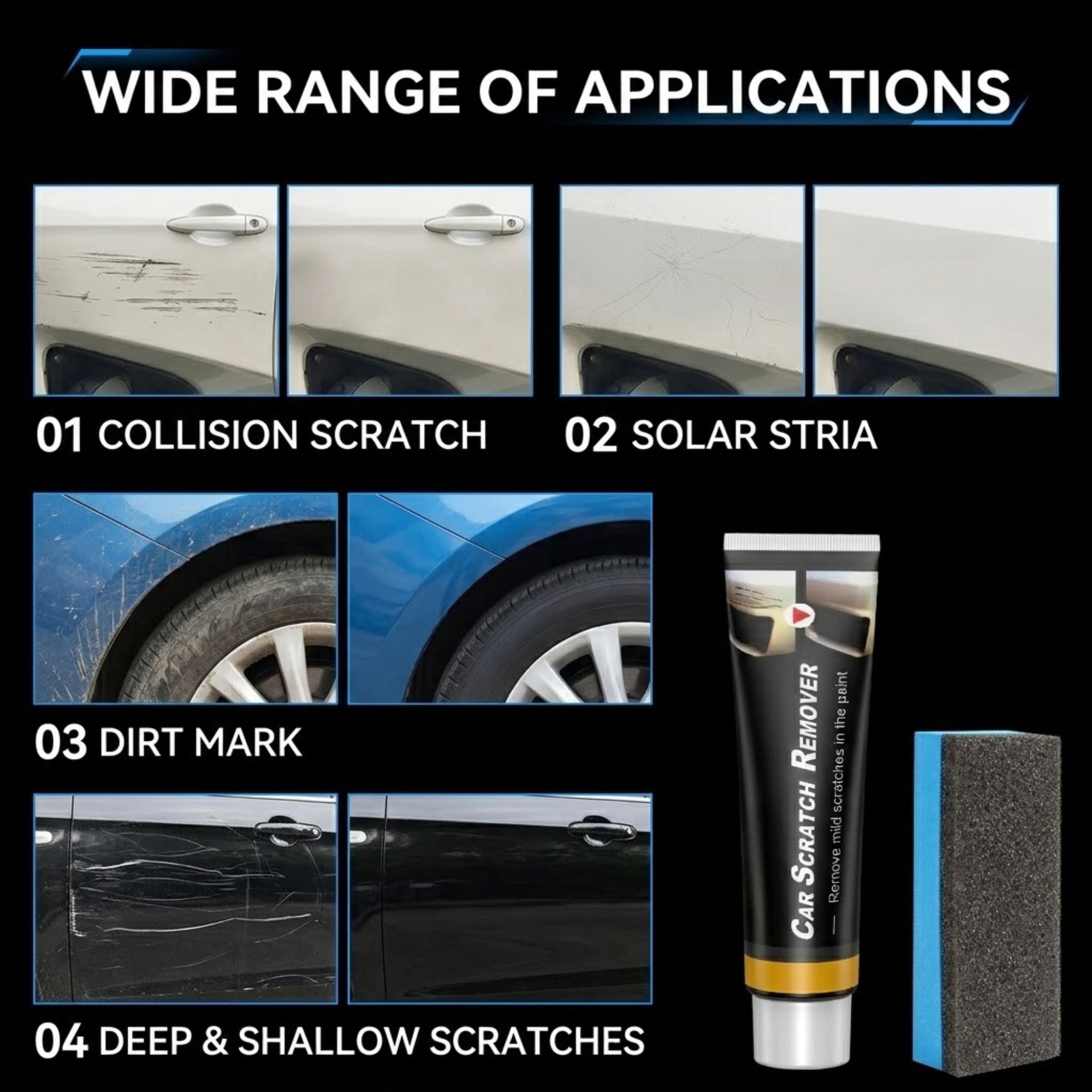 Car scratch remover tube and sanding block shown on a black background with example photos of scratched car parts labeled for collision scratch, solar stria, dirt mark, and deep shallow scratches.