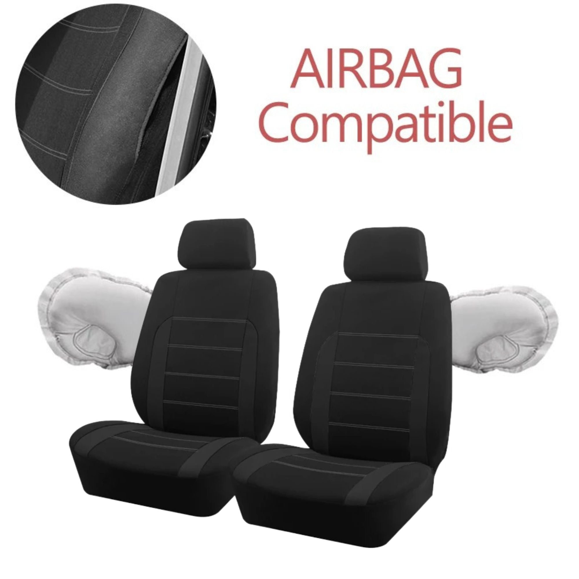 Black car seat covers shown on two front seats with white airbag inserts visible behind them, plus a circular inset showing the seat cover material and the text 'AIRBAG Compatible' on a white background.