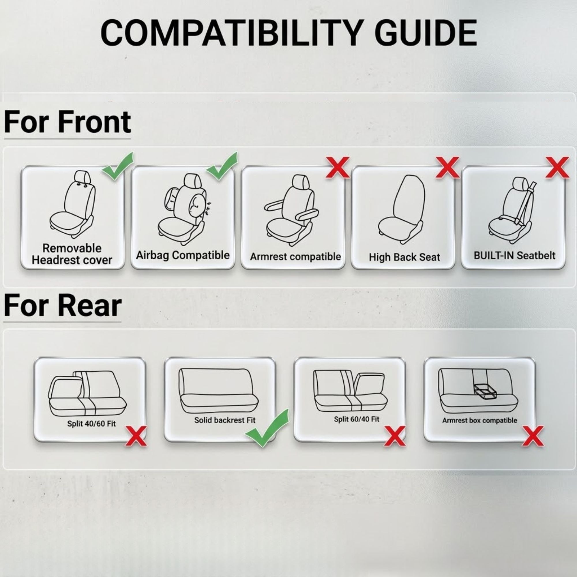 Compatibility guide diagram showing front and rear seat fitment options for a car seat cover, with line drawings of vehicle seats and green/red check marks indicating fit criteria.