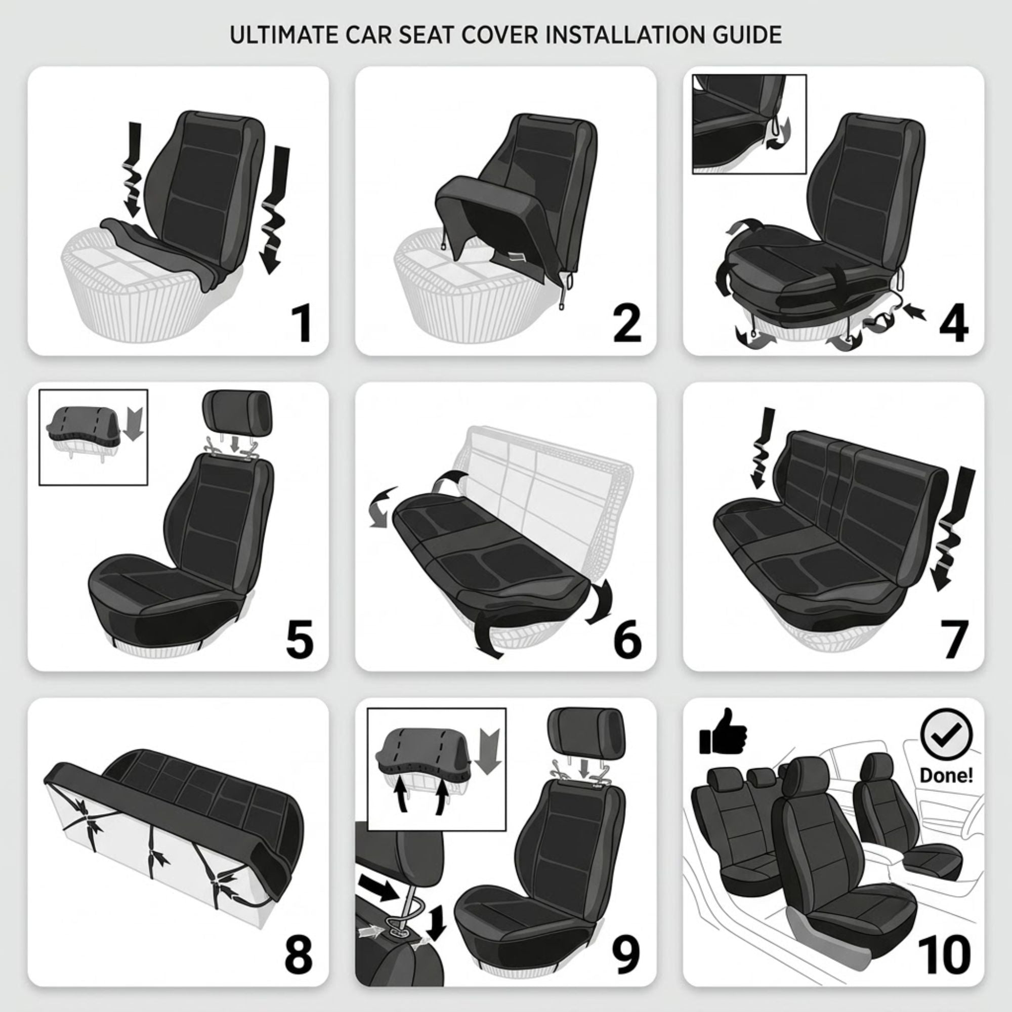 A 10-step installation guide diagram for a car seat cover, showing black seat covers being fitted onto car seats in a step-by-step sequence on a light gray background.