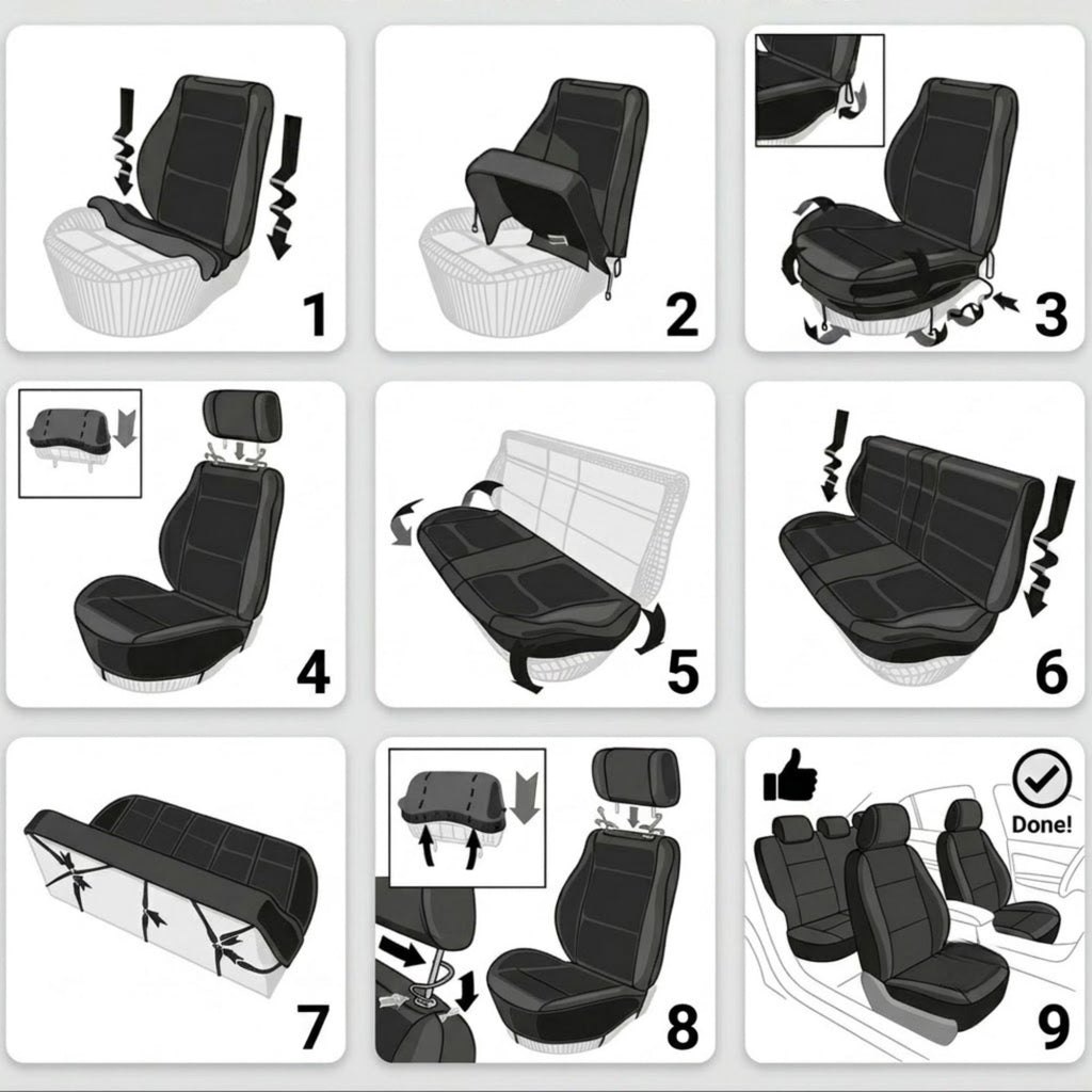 A 10-step black and white instructional diagram showing how to convert a car seat into a bed or arrange multiple seats, with numbered panels and arrows indicating steps.