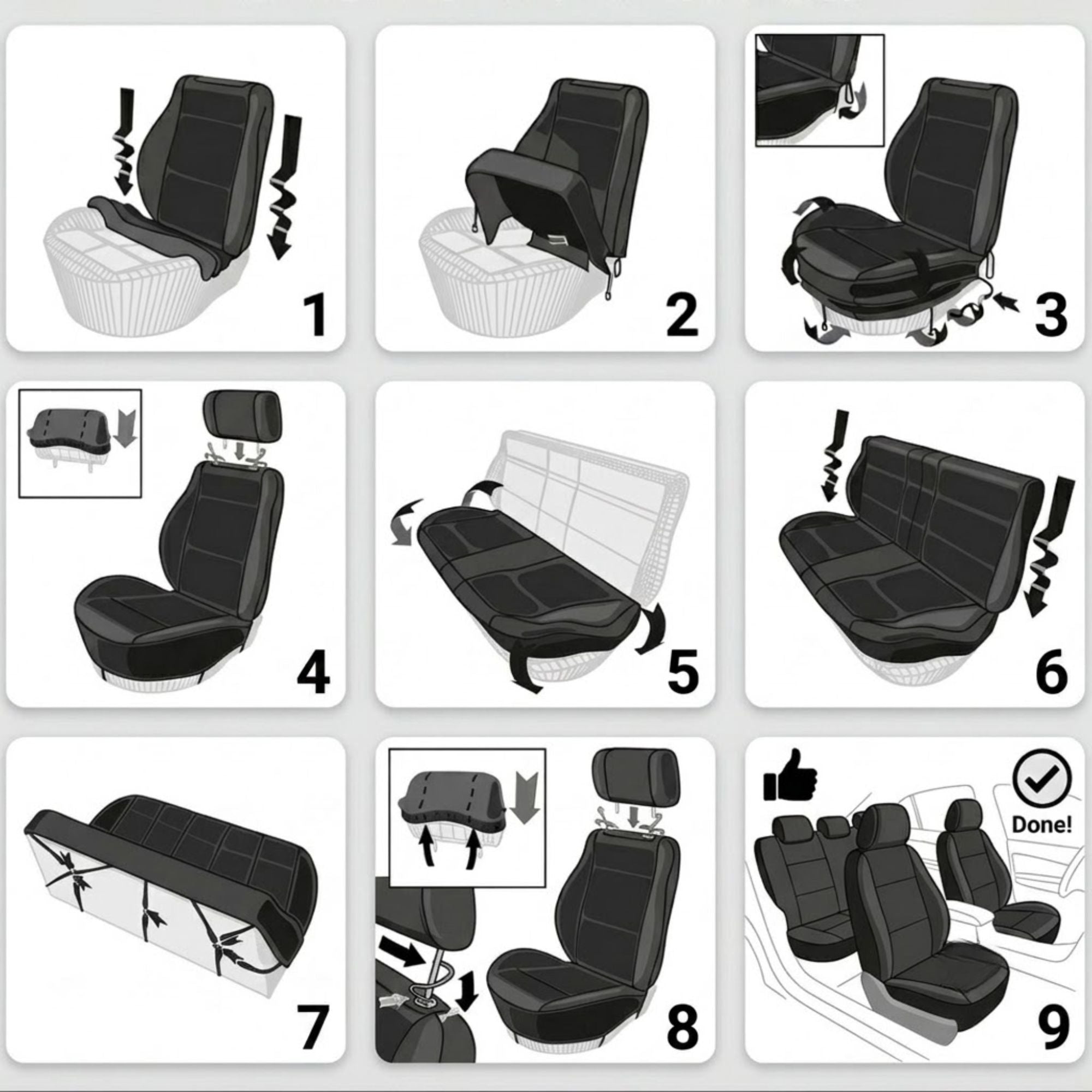 A 10-step black and white instructional diagram showing how to convert a car seat into a bed or arrange multiple seats, with numbered panels and arrows indicating steps.