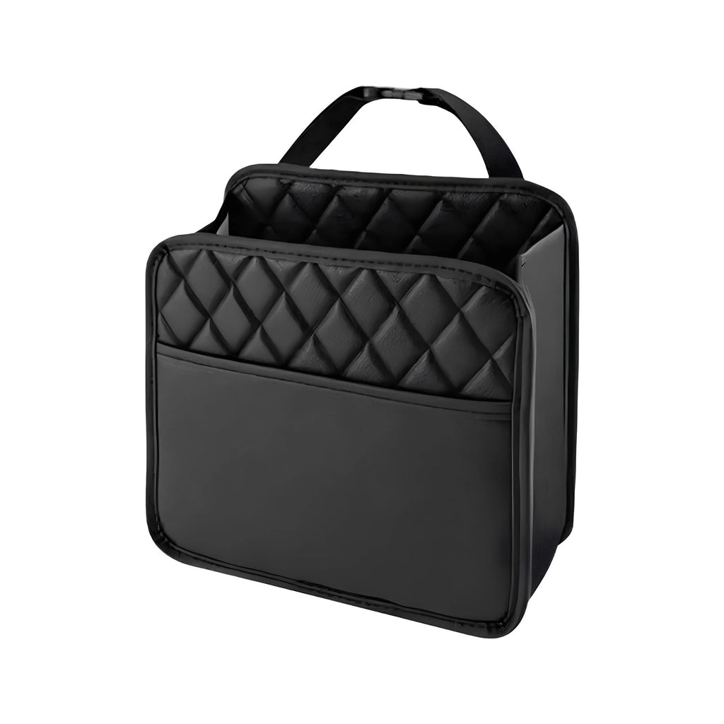Black PU leather car seat back organiser storage bag on white background