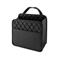Black PU leather car seat back organiser storage bag on white background