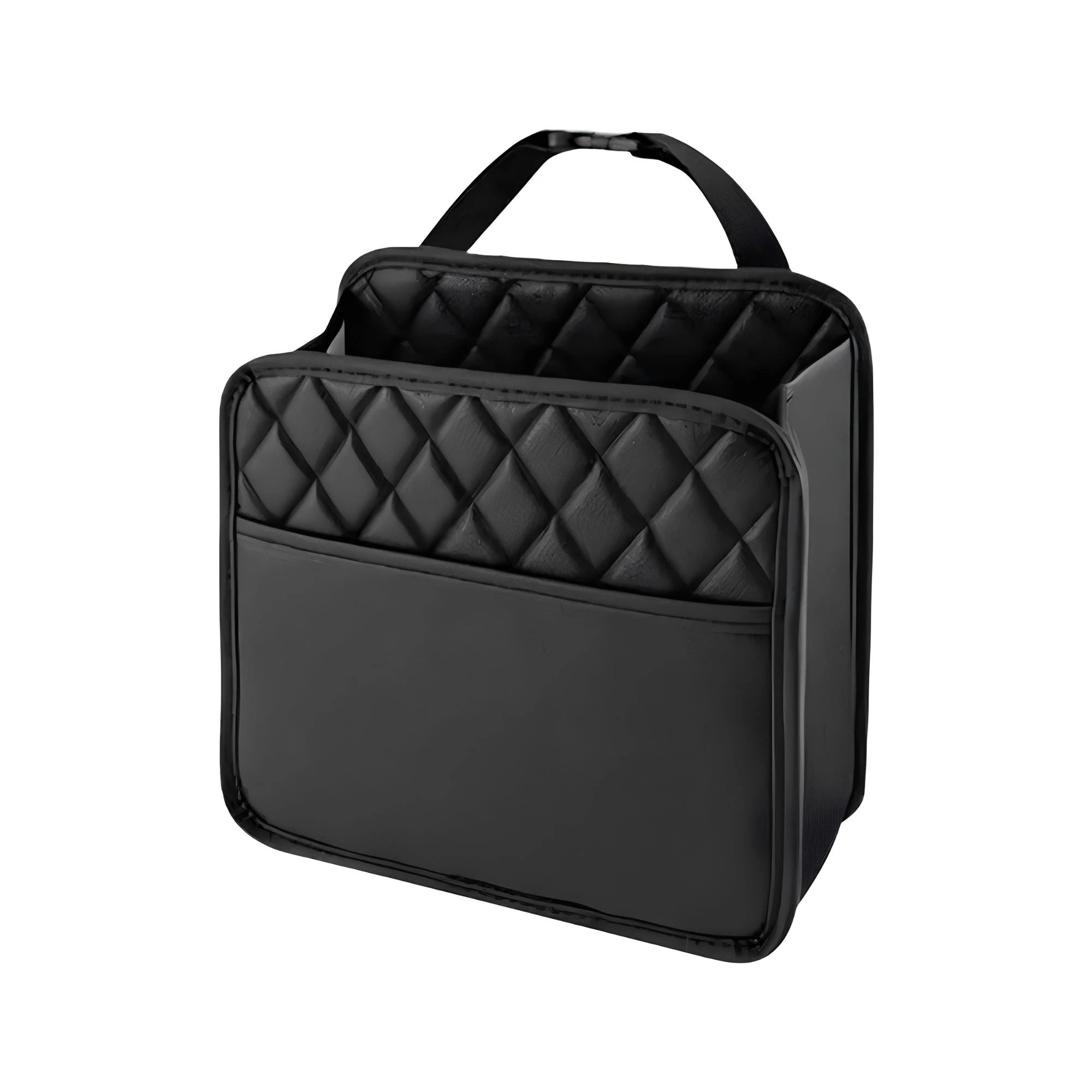 Black PU leather car seat back organiser storage bag on white background