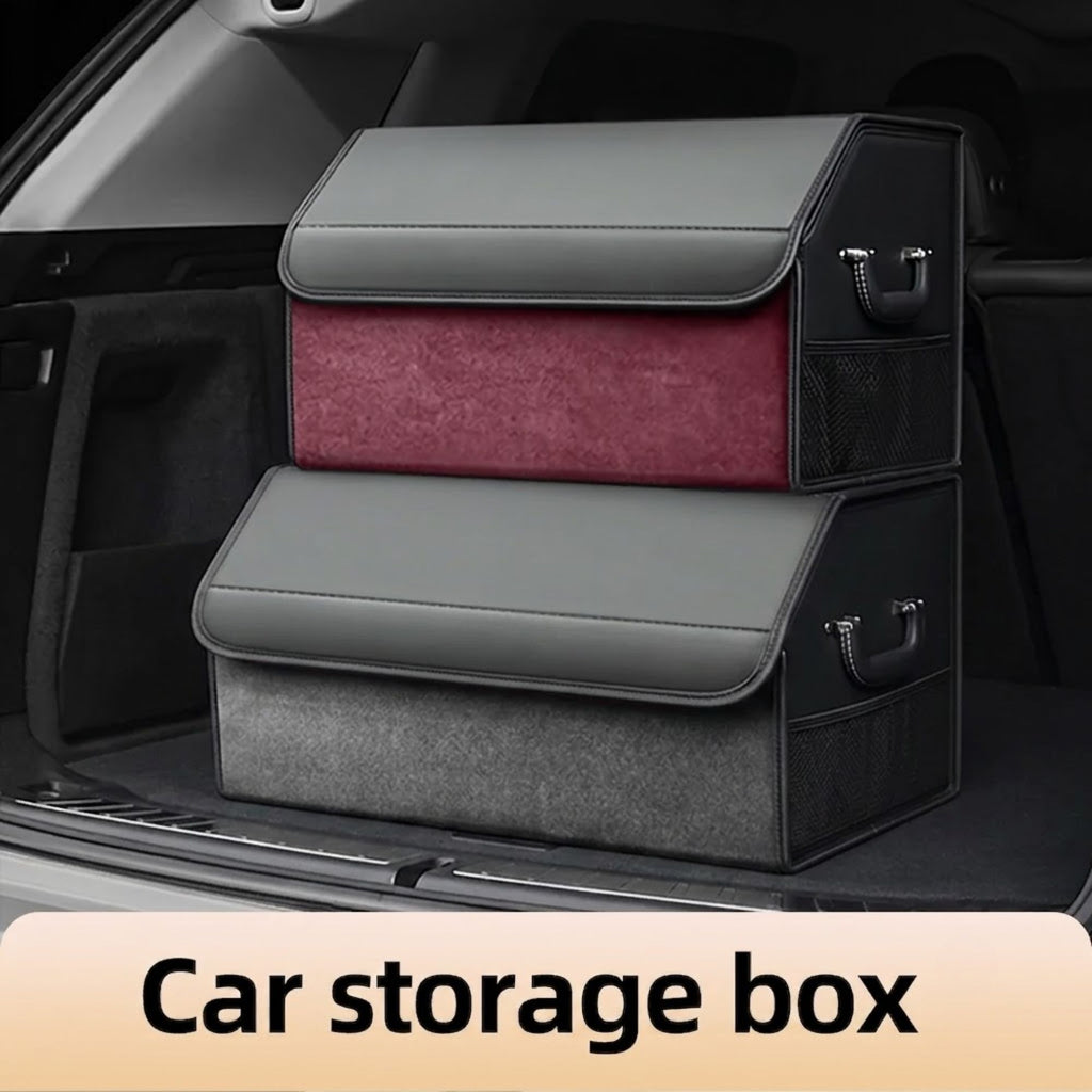 Two Suede Leather Boot Organisers in red and grey stacked inside a car boot, labelled as a car storage box