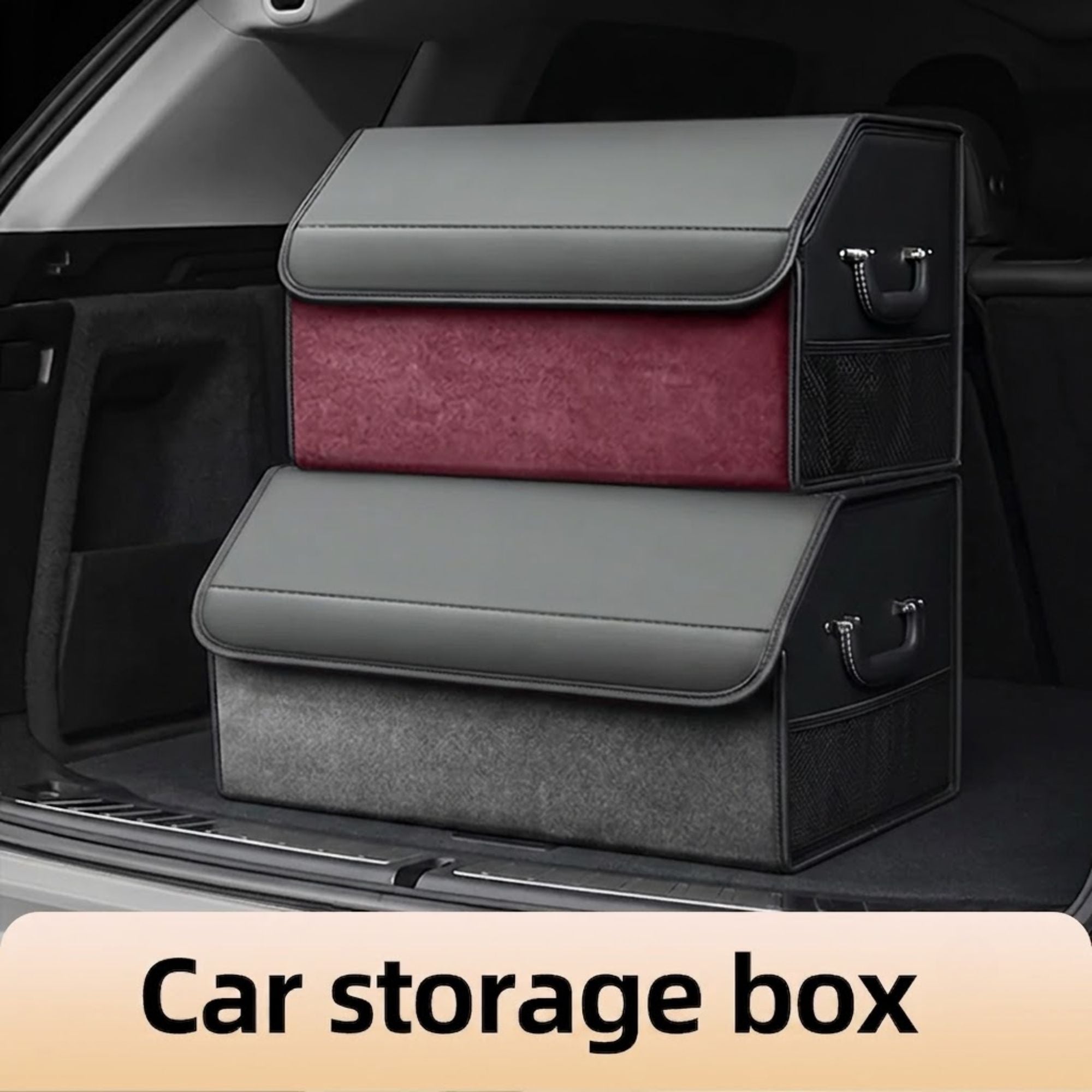 Two Suede Leather Boot Organisers in red and grey stacked inside a car boot, labelled as a car storage box