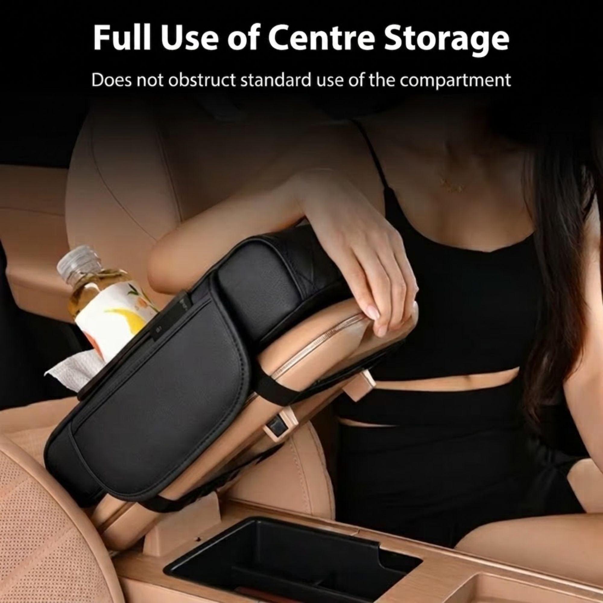 Vehicle centre console lid raised with the armrest cushion attached, demonstrating that it does not obstruct the factory glove compartment opening mechanism.