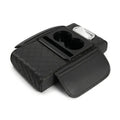Black quilted centre console armrest cushion and heightening pad featuring dual cup holders and side storage pockets on a white background.