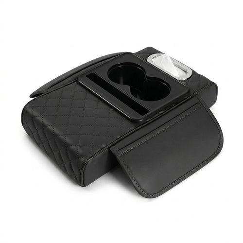 Black quilted centre console armrest cushion and heightening pad featuring dual cup holders and side storage pockets on a white background.