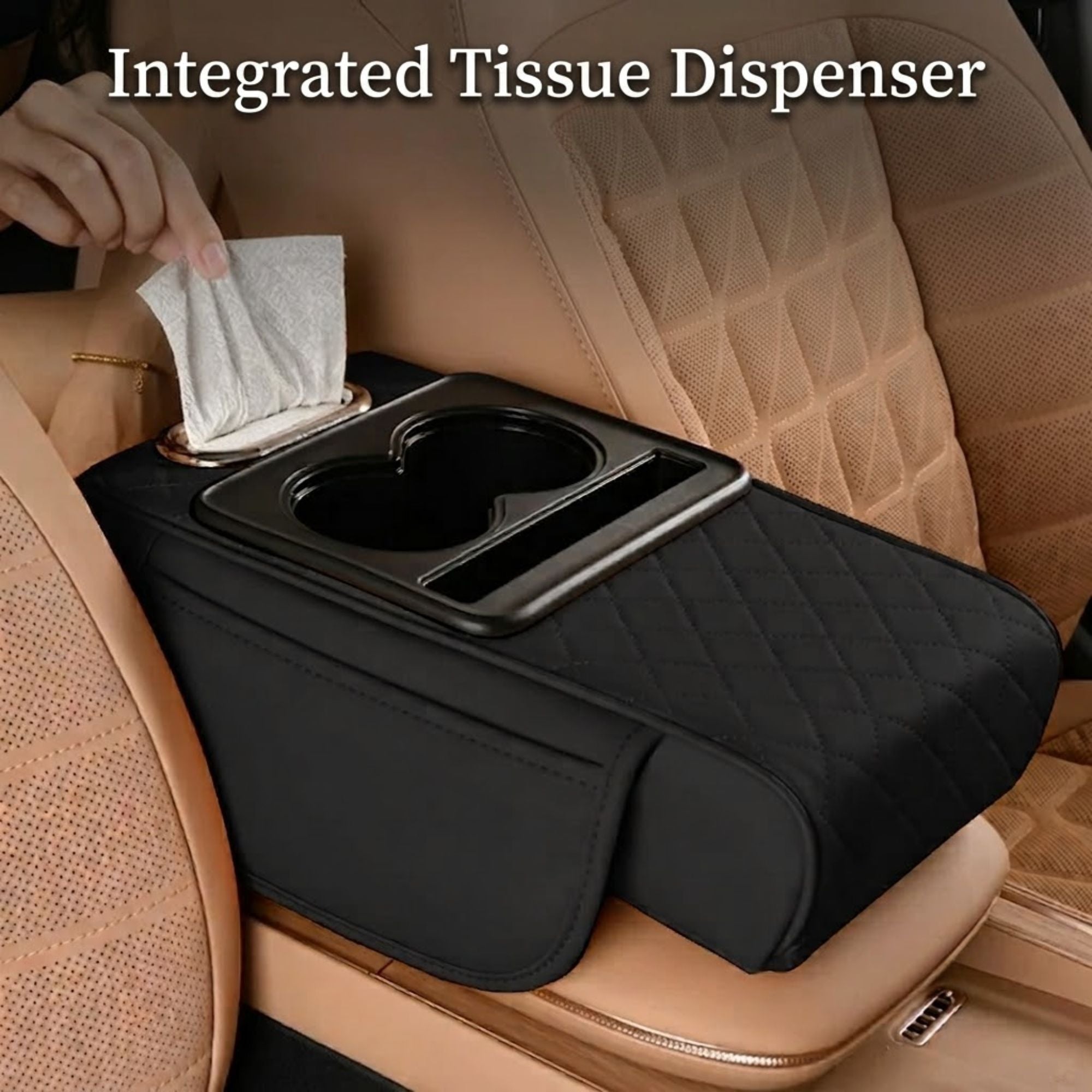 Passenger retrieving a tissue from the integrated dispenser slot of the centre console armrest cushion inside a vehicle cabin.