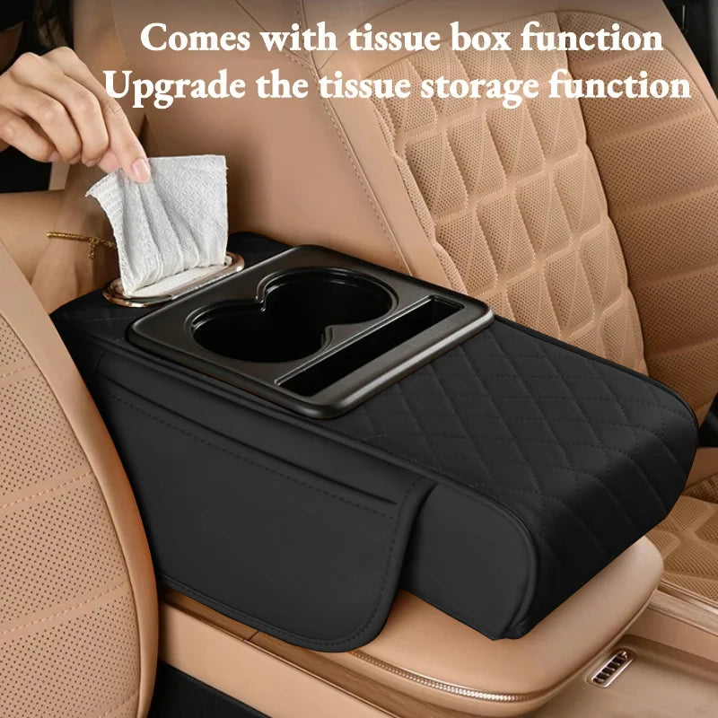 Passenger retrieving a tissue from the integrated dispenser slot of the centre console armrest cushion inside a vehicle cabin.