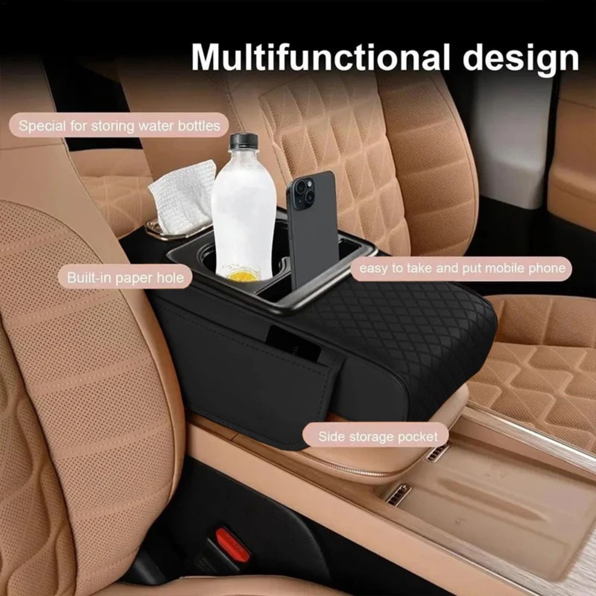 Centre console armrest cushion installed in a vehicle, demonstrating storage capacity by holding a water bottle, smartphone, and tissue paper.