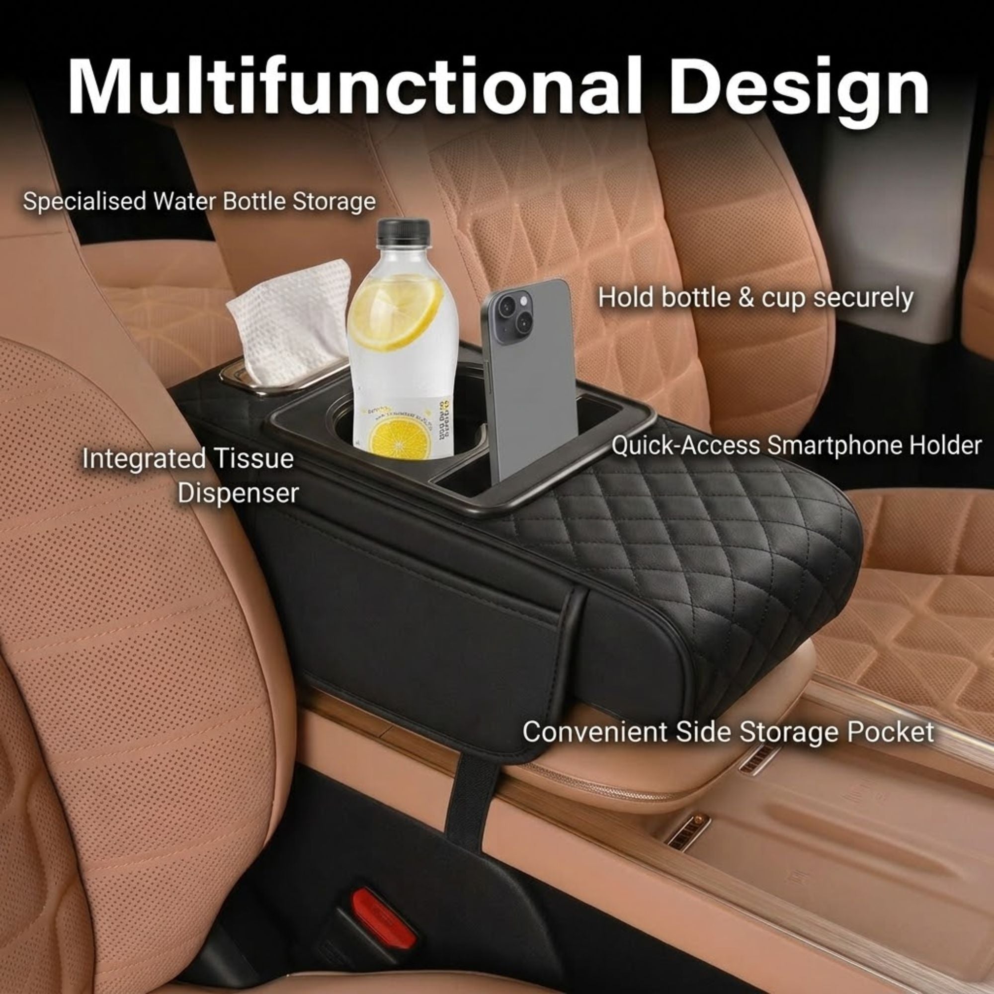 Centre console armrest cushion installed in a vehicle, demonstrating storage capacity by holding a water bottle, smartphone, and tissue paper.