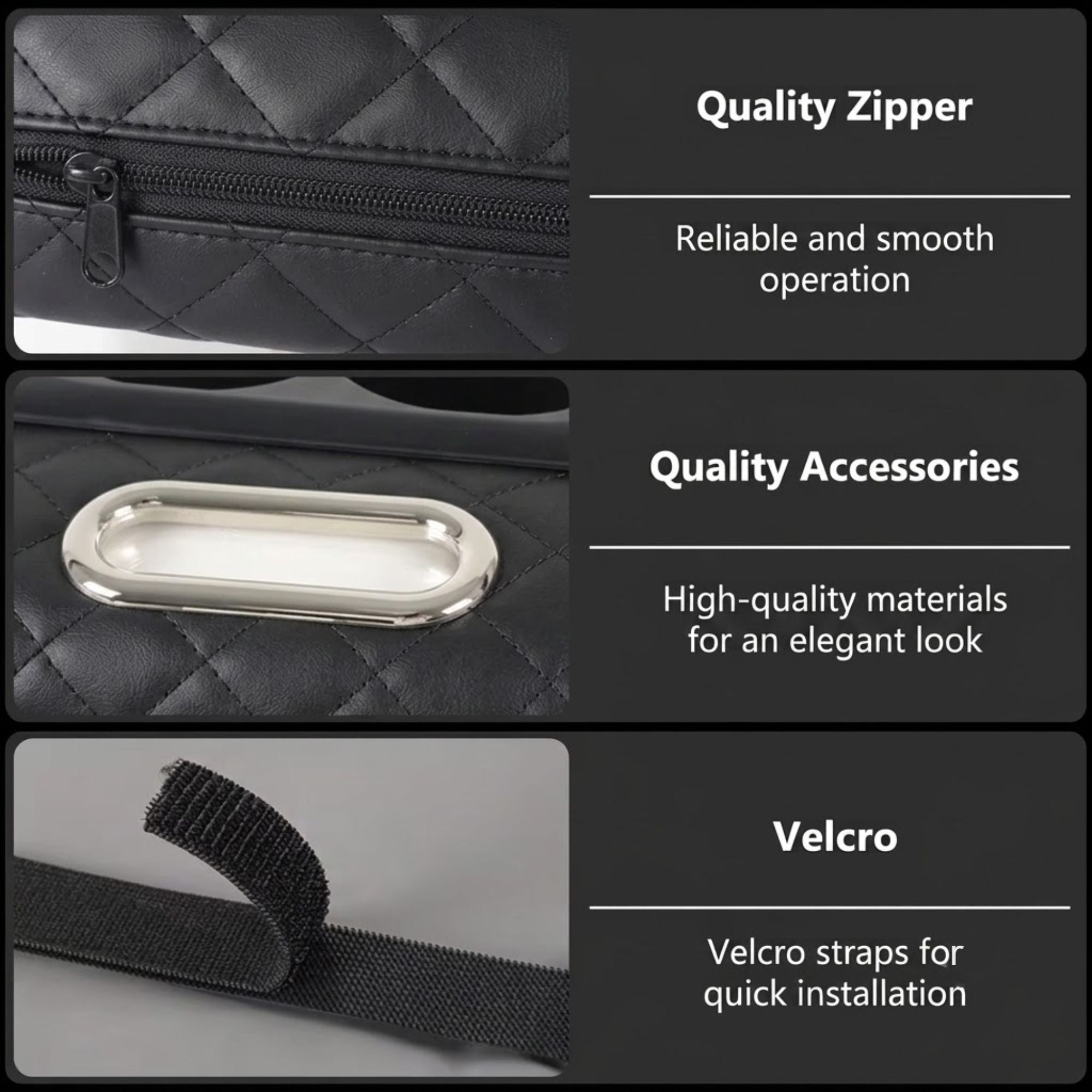 A close-up product feature showcase of a black quilted leather centre console armrest cushion highlighting its quality zipper, chrome hardware accessory, and velcro straps for easy installation.