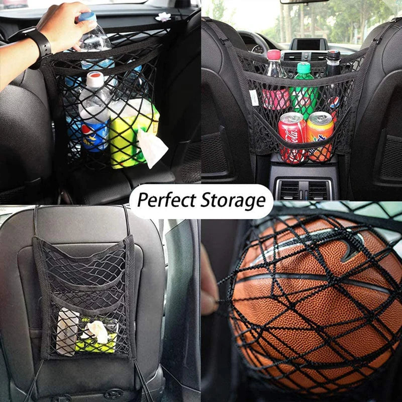A central cabin mesh storage organiser holding water bottles, a tissue box, and sporting equipment between vehicle front seats.
