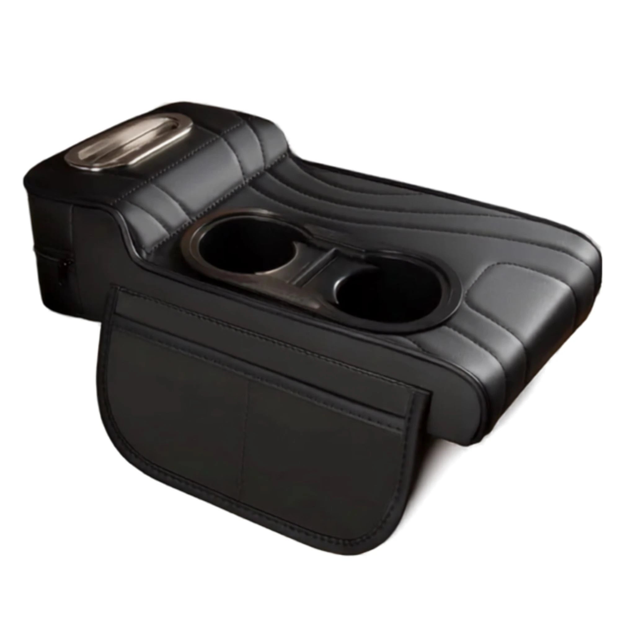 Multi-Function Car Armrest Organiser in black with built-in dual cup holder and tissue box, on a white background