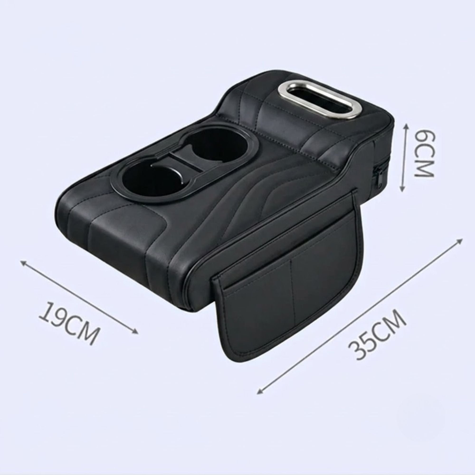 Dimension diagram of the Multi-Function Car Armrest Organiser measuring 19cm wide, 35cm long and 6cm high