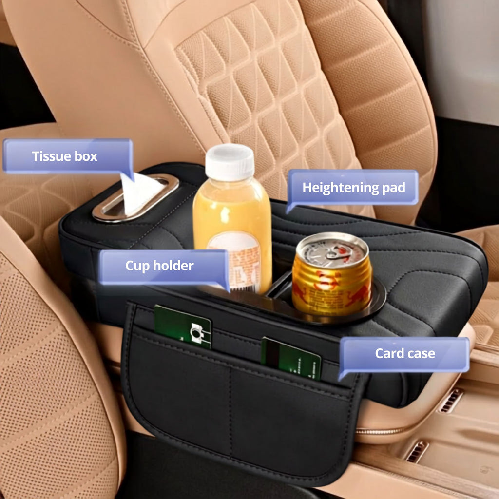 Labelled diagram of the Multi-Function Car Armrest Organiser showing tissue box, cup holder, card case and heightening pad